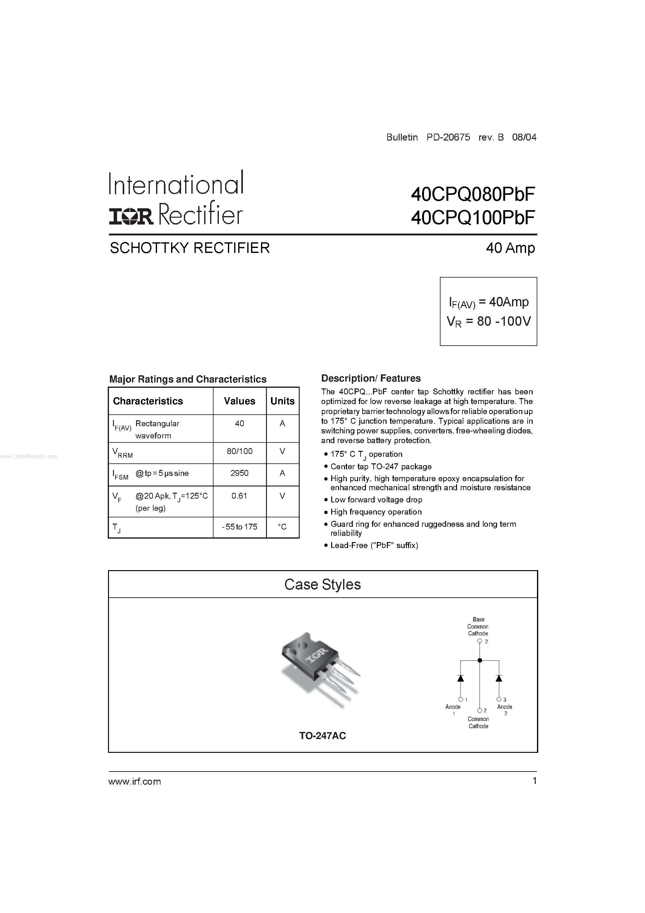 Datasheet 40CPQ080PBF - (40CPQ080PBF / 40CPQ100PBF) SCHOTTKY RECTIFIER page 1