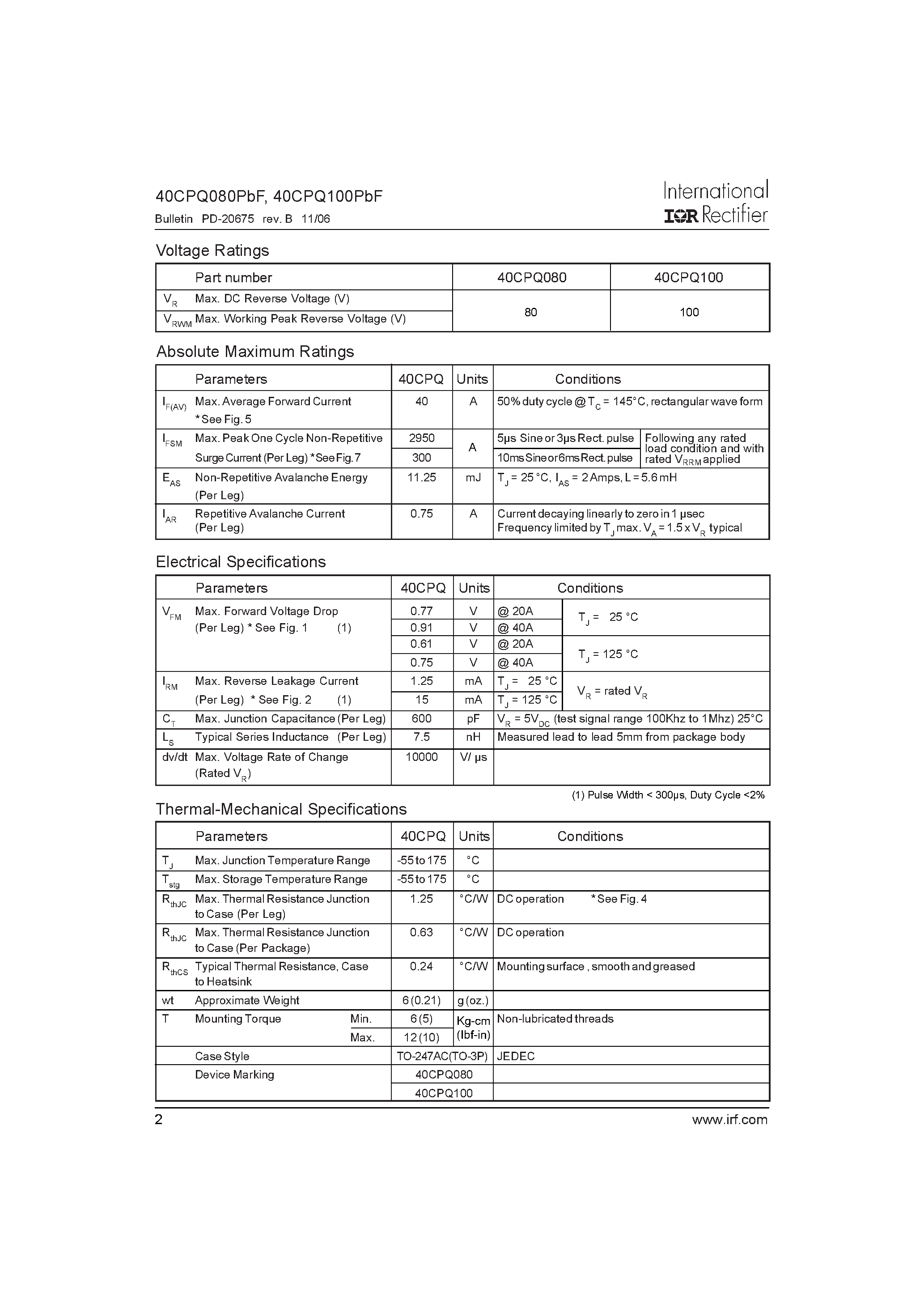 Datasheet 40CPQ080PBF - (40CPQ080PBF / 40CPQ100PBF) SCHOTTKY RECTIFIER page 2
