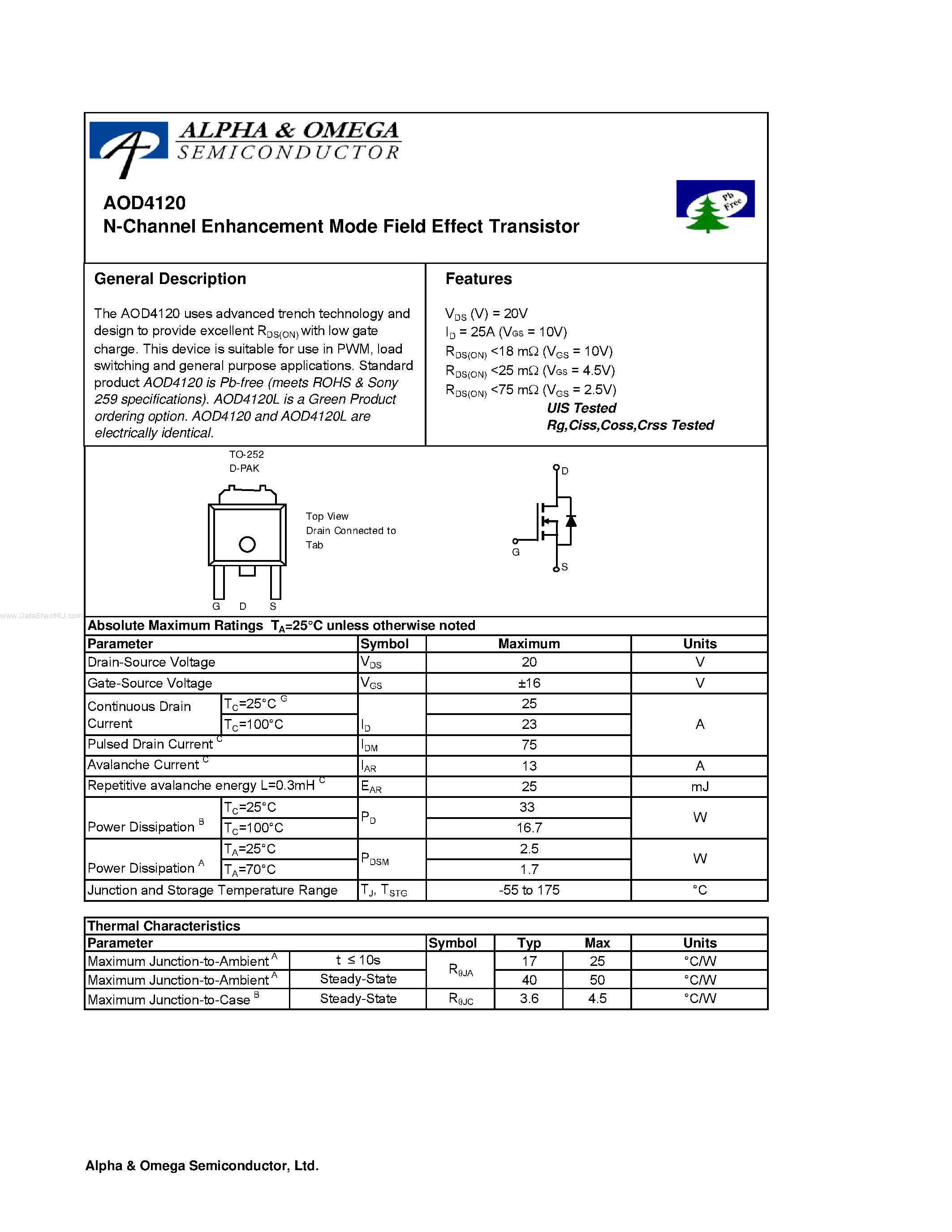 Datasheet AOD4120 - N-Channel Enhancement Mode Field Effect Transistor page 1