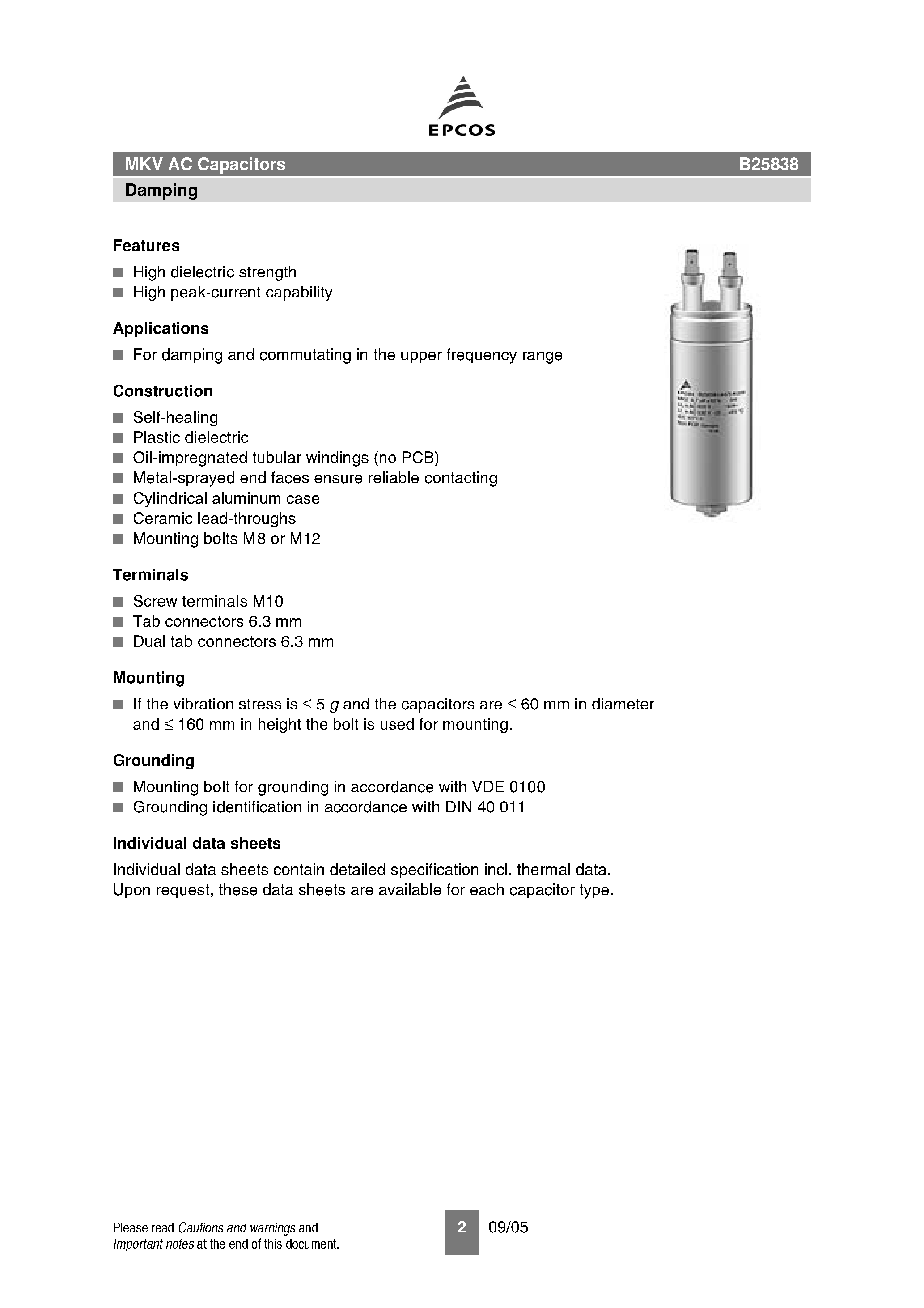 Datasheet B25838 - MKV AC Capacitors Damping page 2