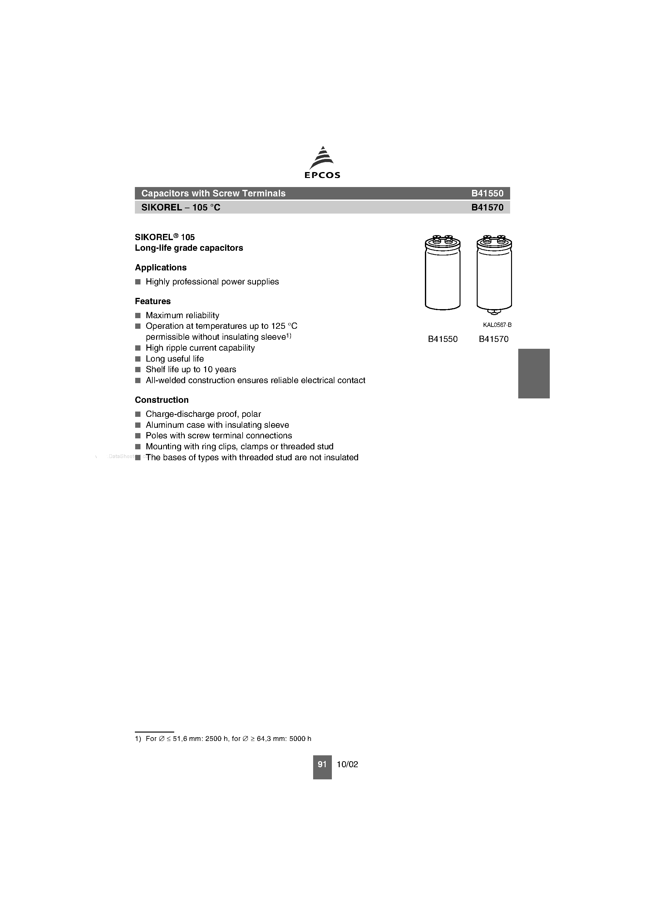Datasheet B41550 page 1 Datasheet B41550 - (B41550 / B41570) Capacitors page 1