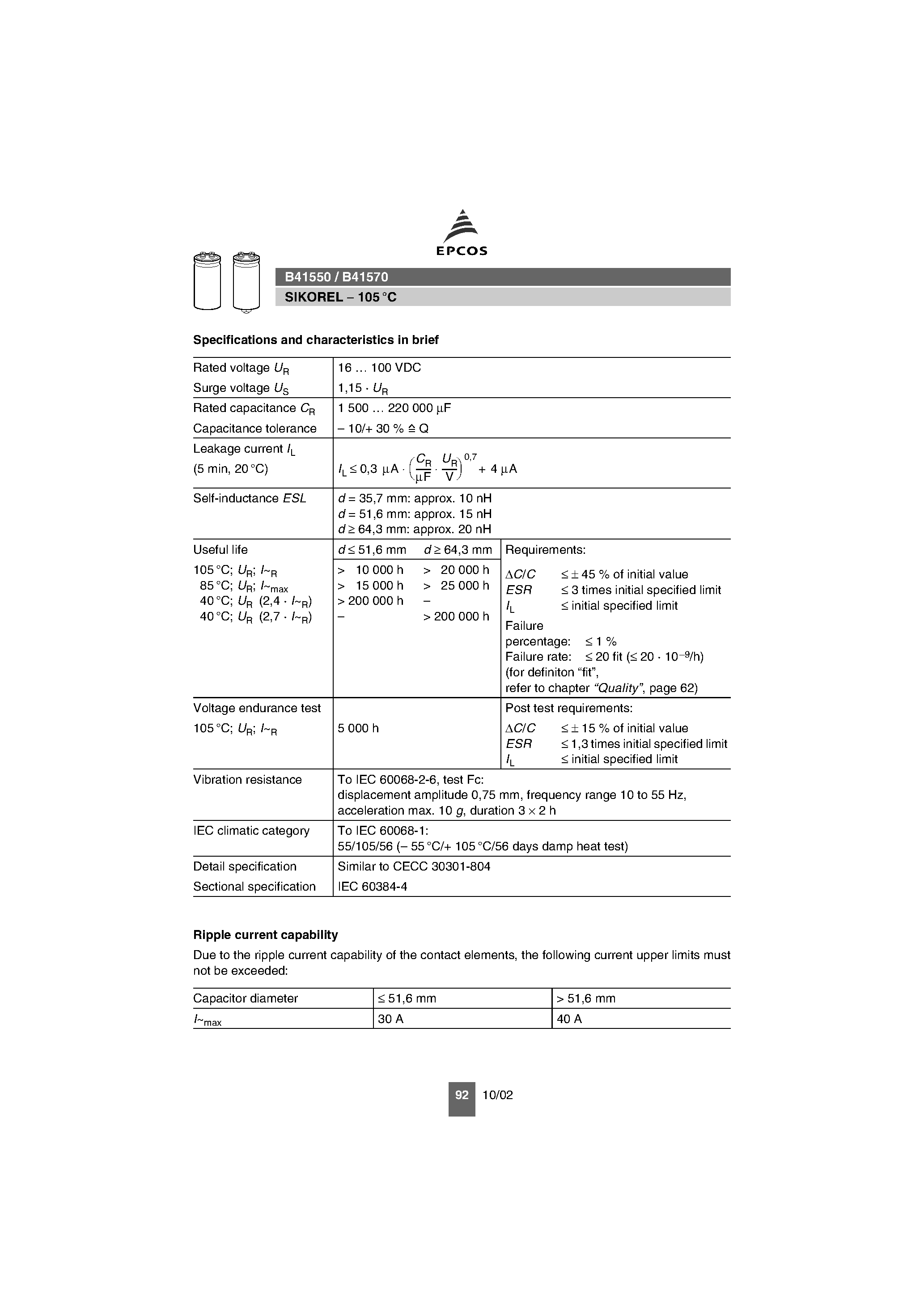 Datasheet B41550 page 2 Datasheet B41550 - (B41550 / B41570) Capacitors page 2