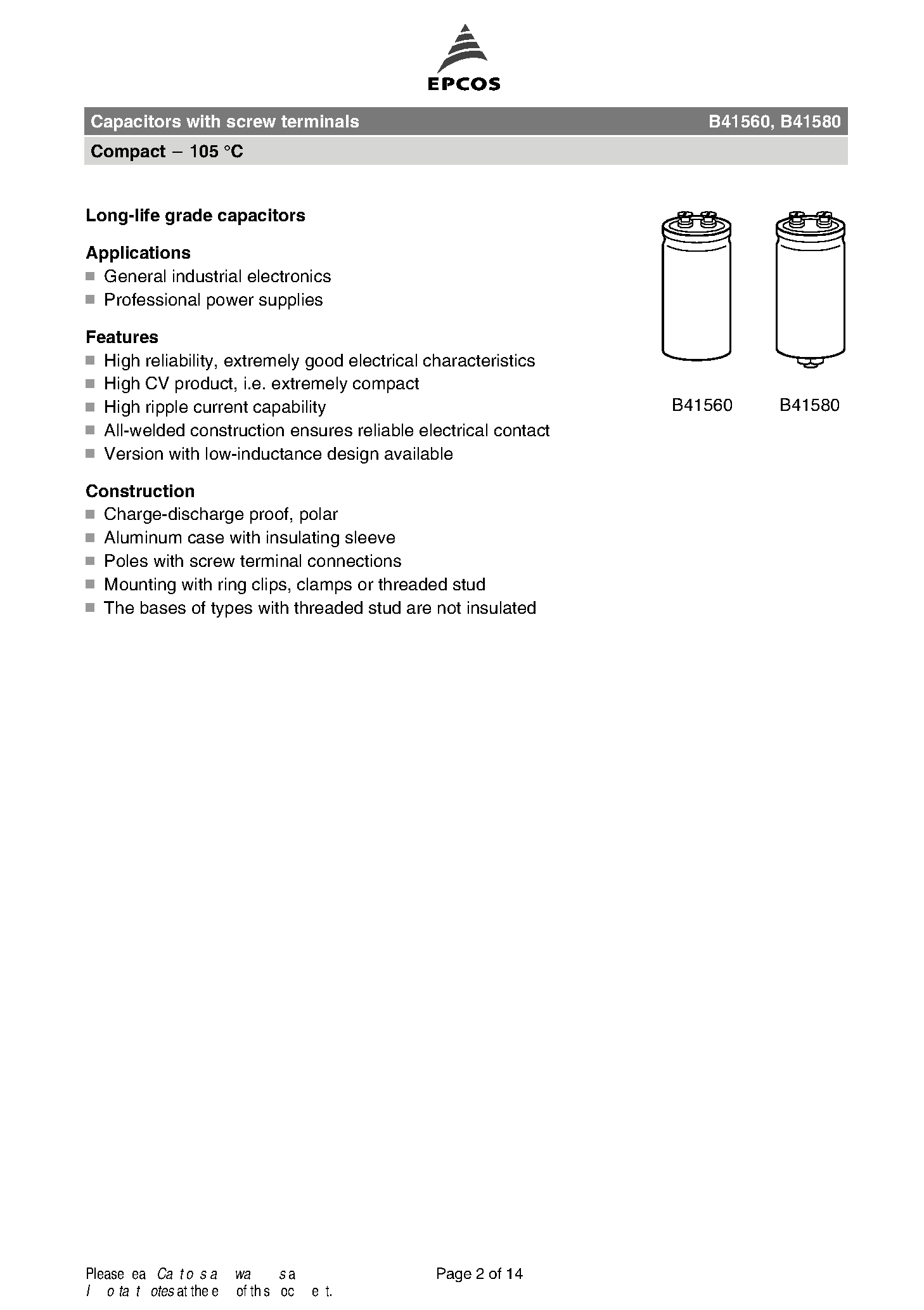 Datasheet B41560 page 2 Datasheet B41560 - (B41560 / B41580) Capacitors page 2