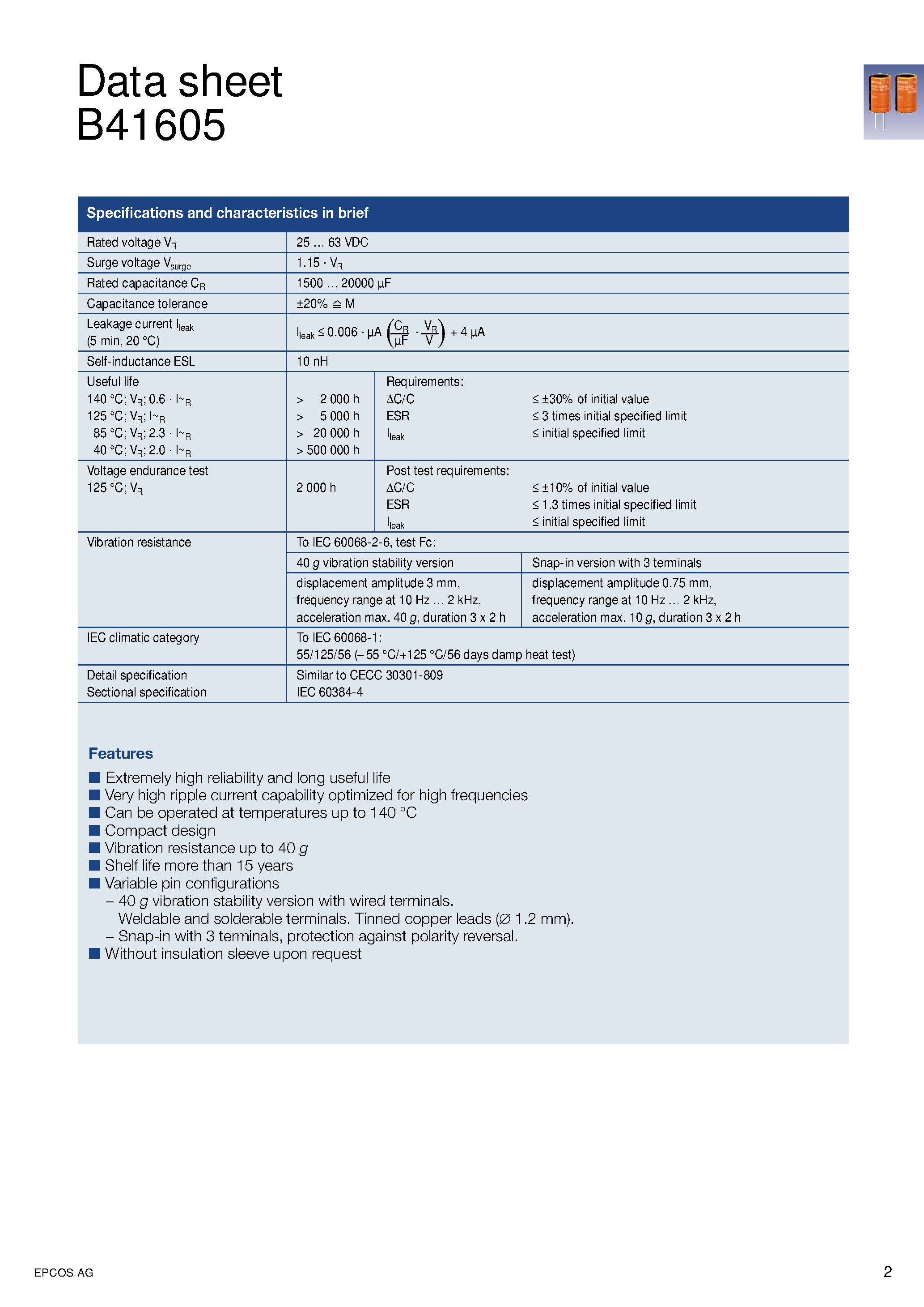 Datasheet B41605 page 2 Datasheet B41605 - Large size Aluminum electrolytic capacitors page 2