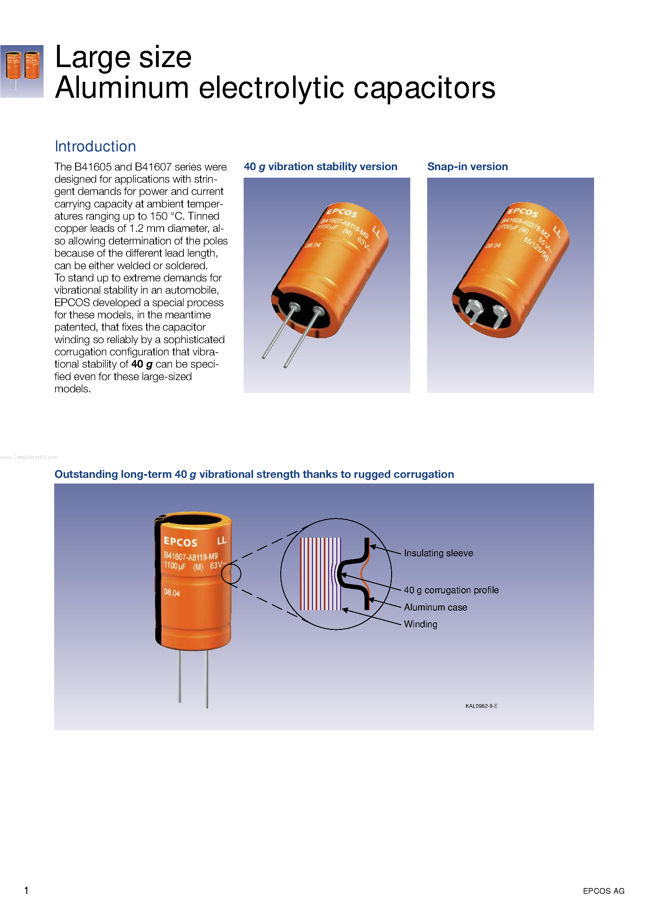 Datasheet B41607 page 1 Datasheet B41607 - Large size Aluminum electrolytic capacitors page 1