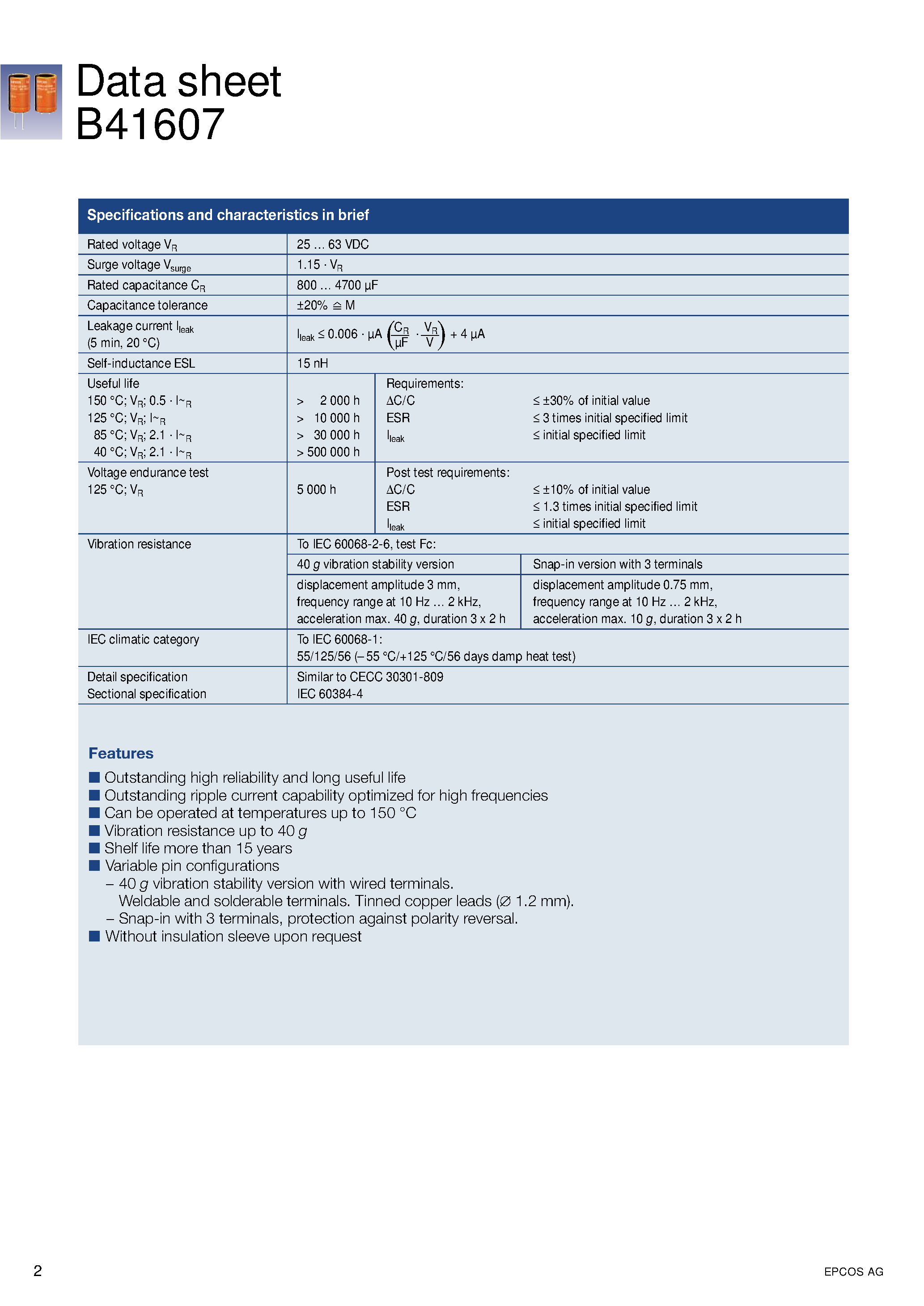 Datasheet B41607 page 2 Datasheet B41607 - Large size Aluminum electrolytic capacitors page 2