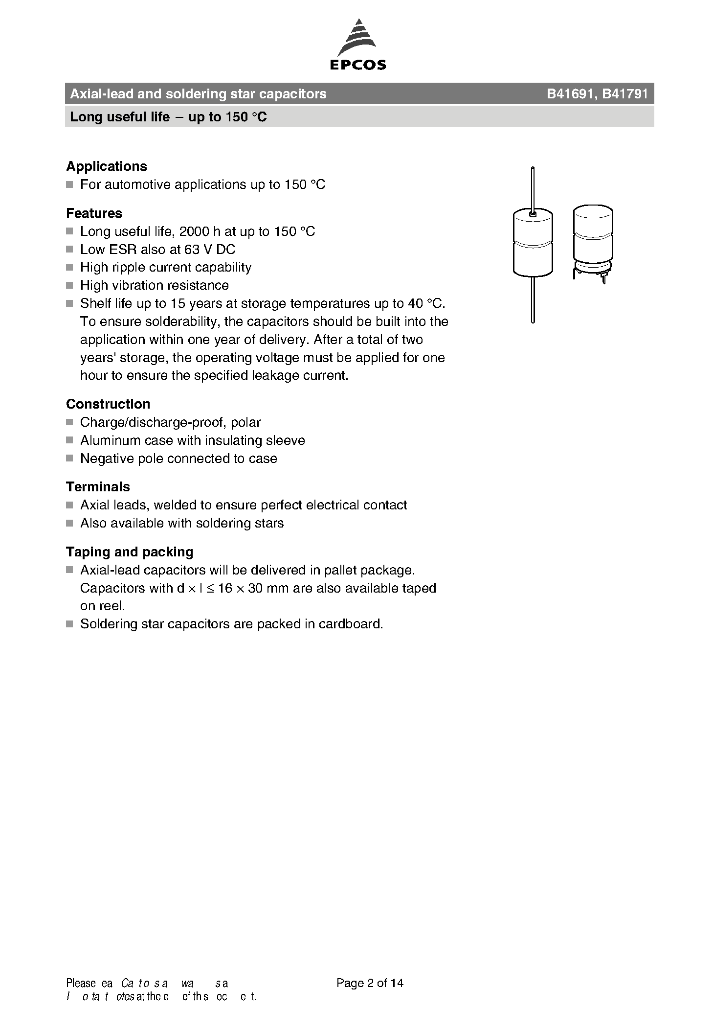 Datasheet B41691 - (B41691 / B41791) Axial-lead and soldering star capacitors page 2