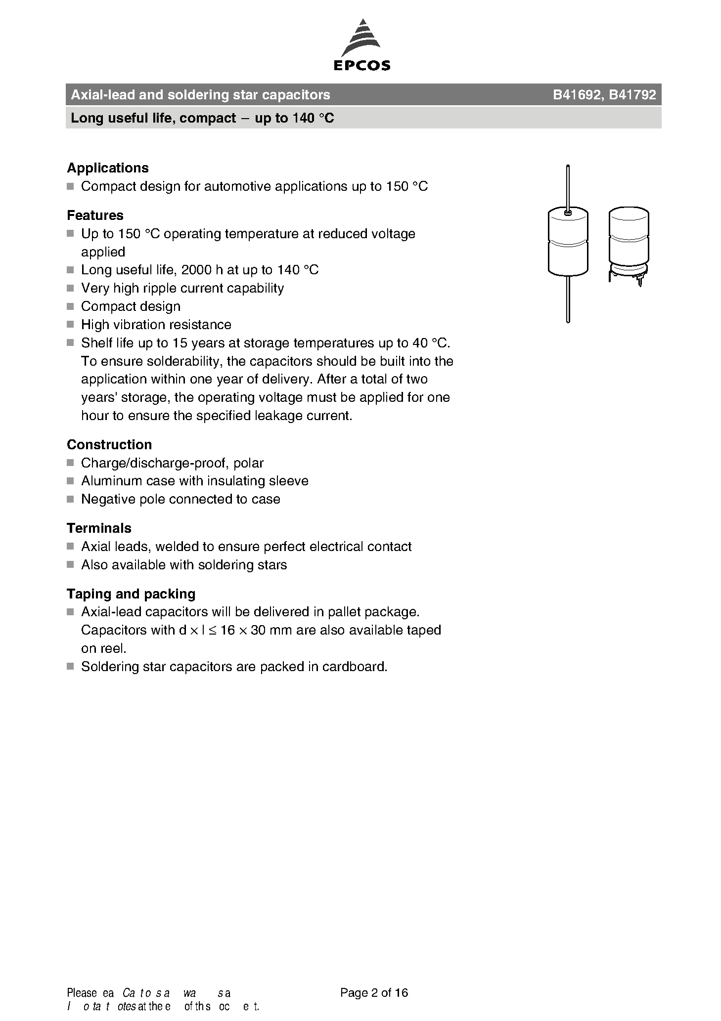 Datasheet B41692 page 2 Datasheet B41692 - (B41692 / B41792) Axial-lead and soldering star capacitors page 2