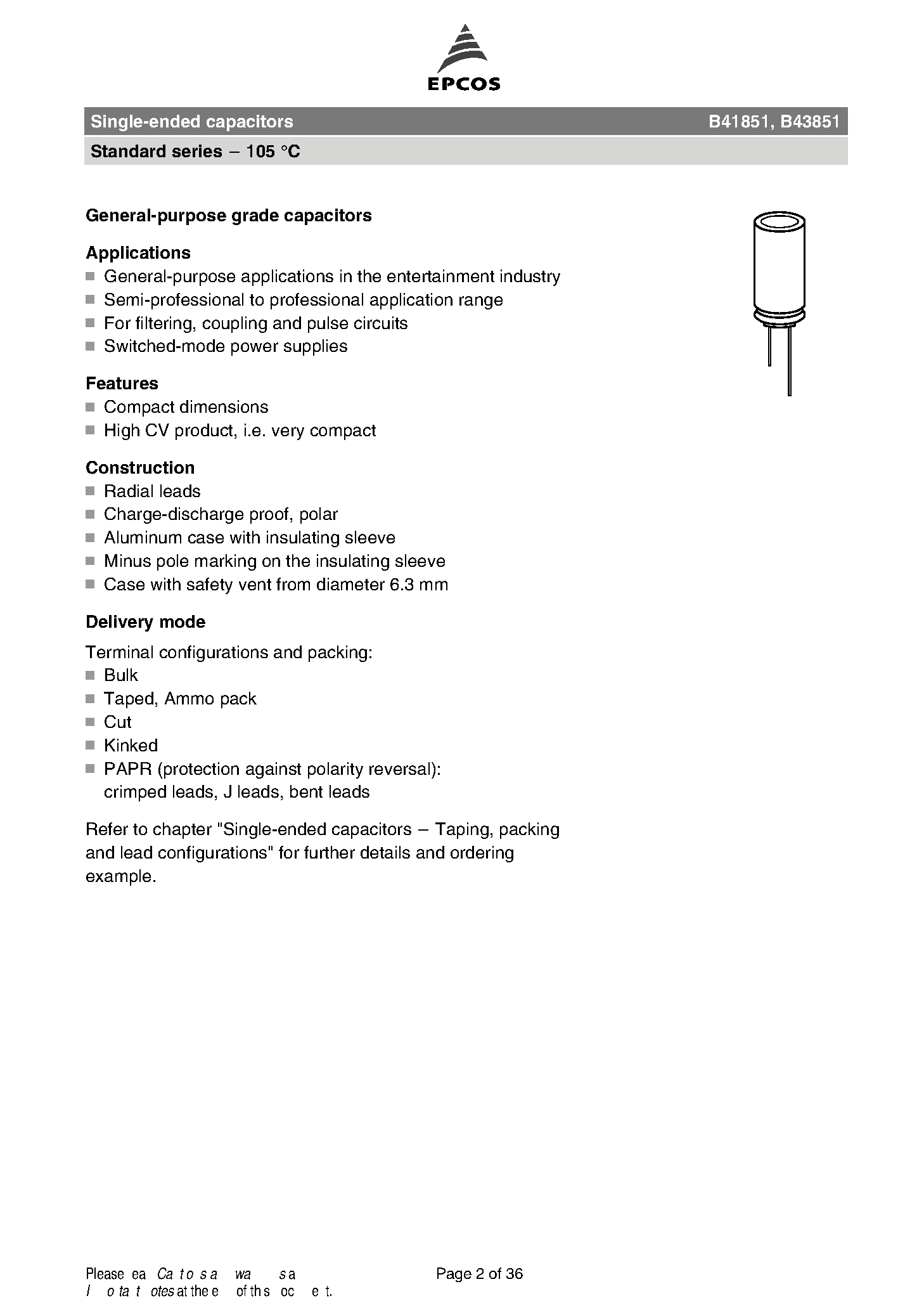 Datasheet B41851 - Single-ended capacitors page 2