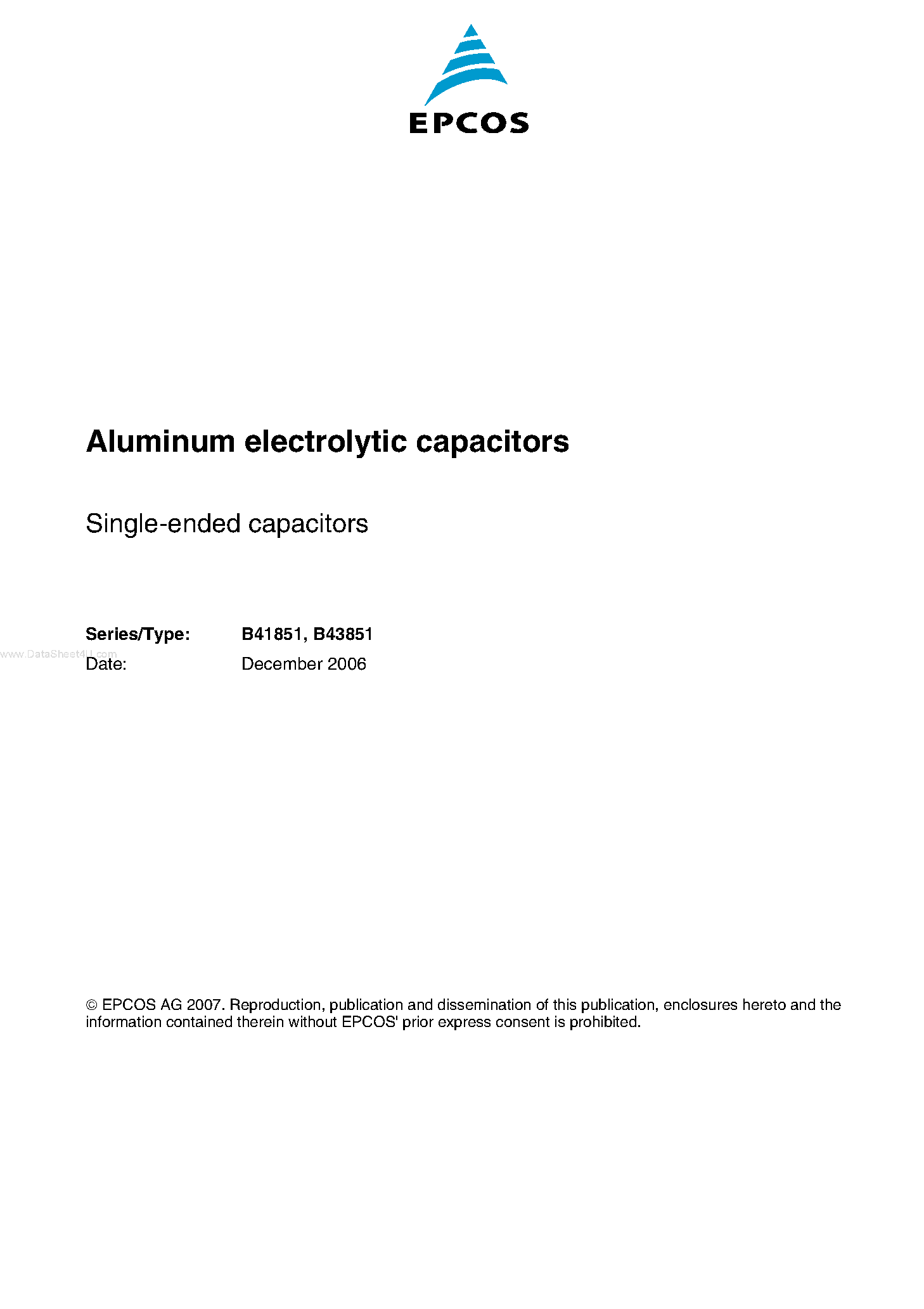 Datasheet B43851 - Single-ended capacitors page 1