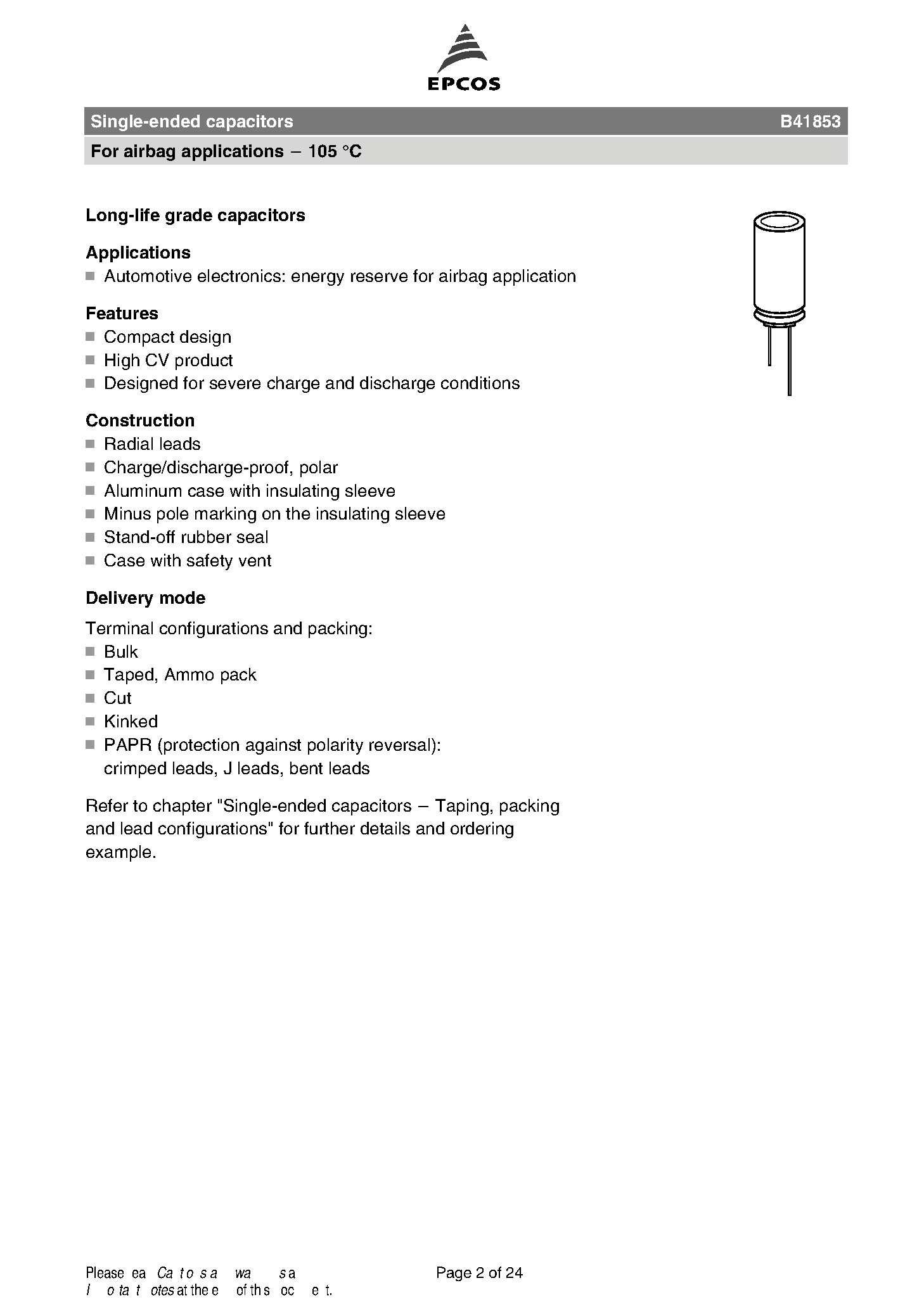 Datasheet B41853 - Single-ended capacitors page 2