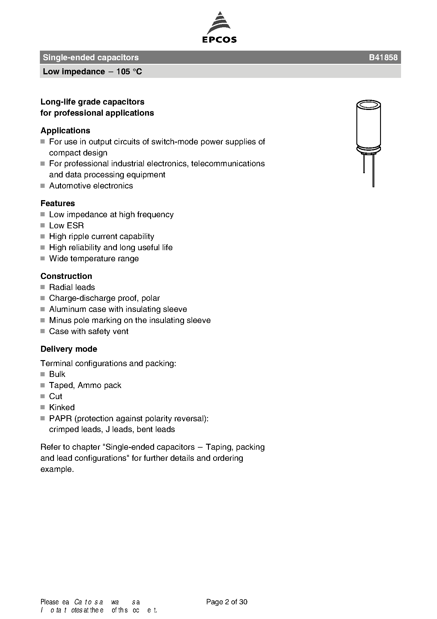 Datasheet B41858 - Single-ended capacitors page 2