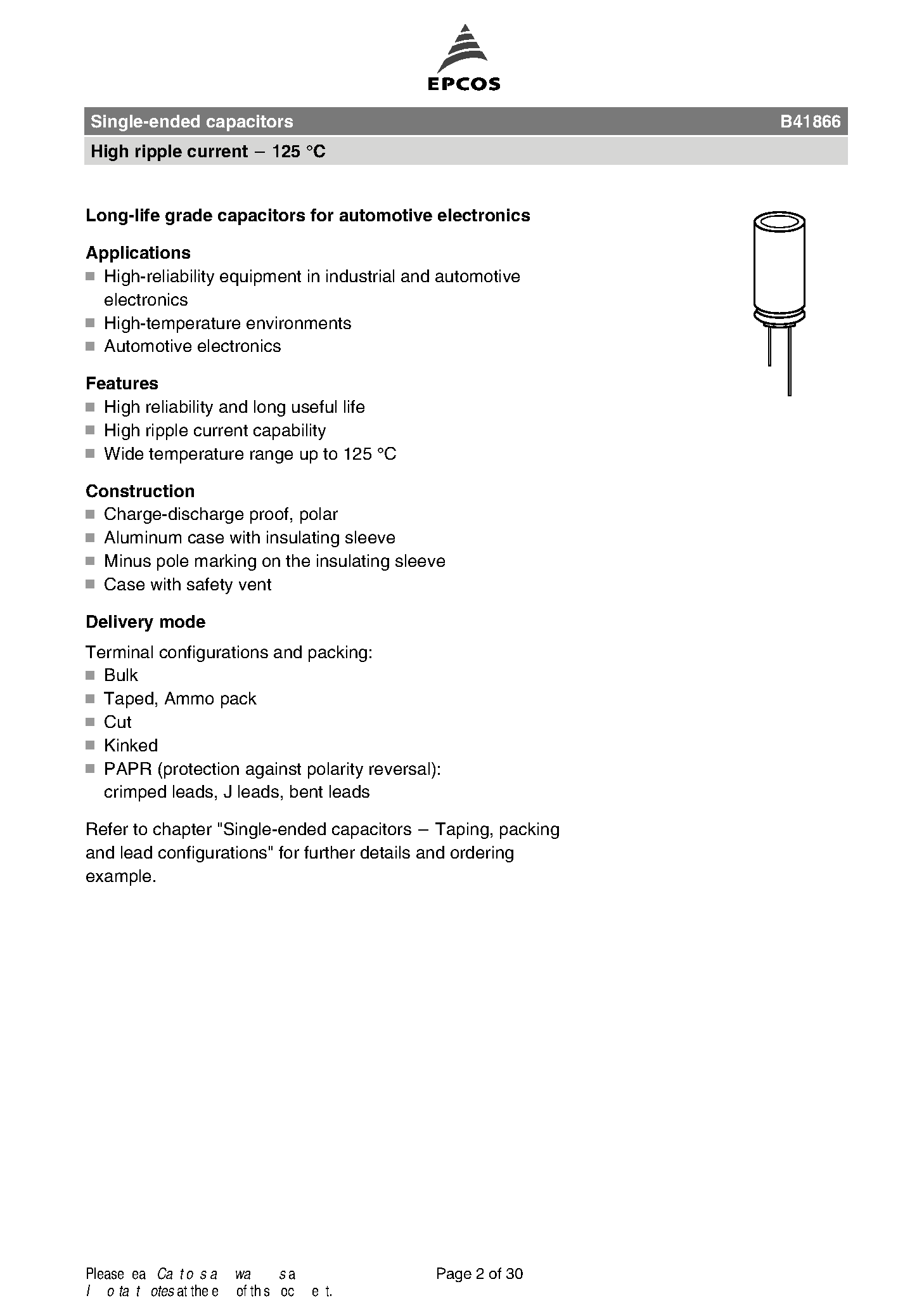 Datasheet B41866 - Single-ended capacitors page 2