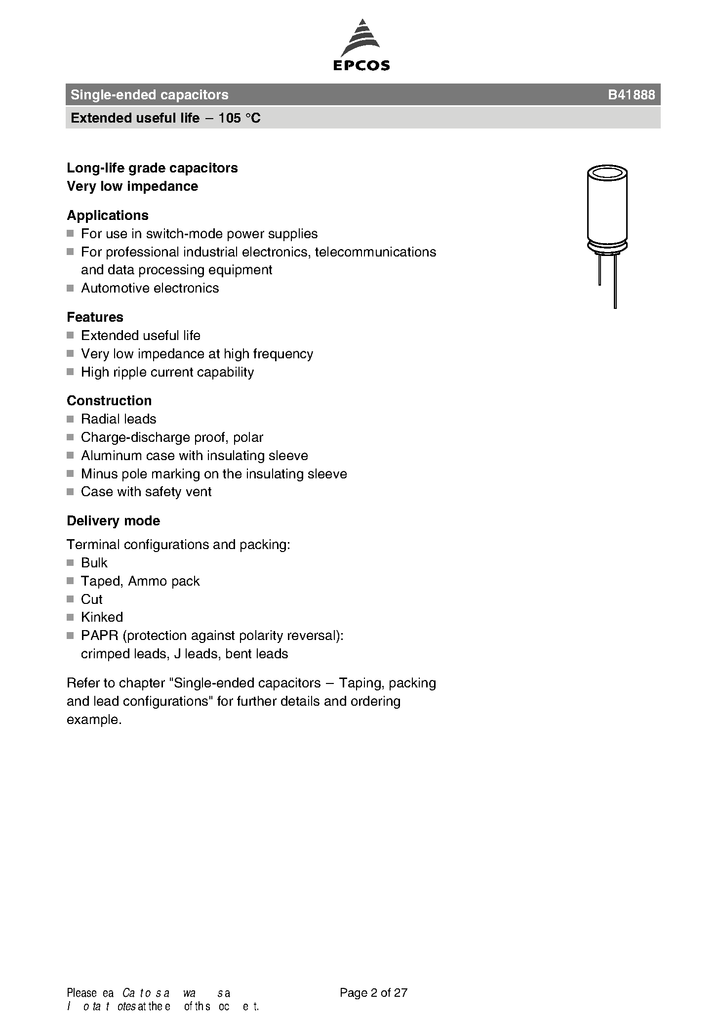 Datasheet B41888 - Long-life grade capacitors Very low impedance page 2