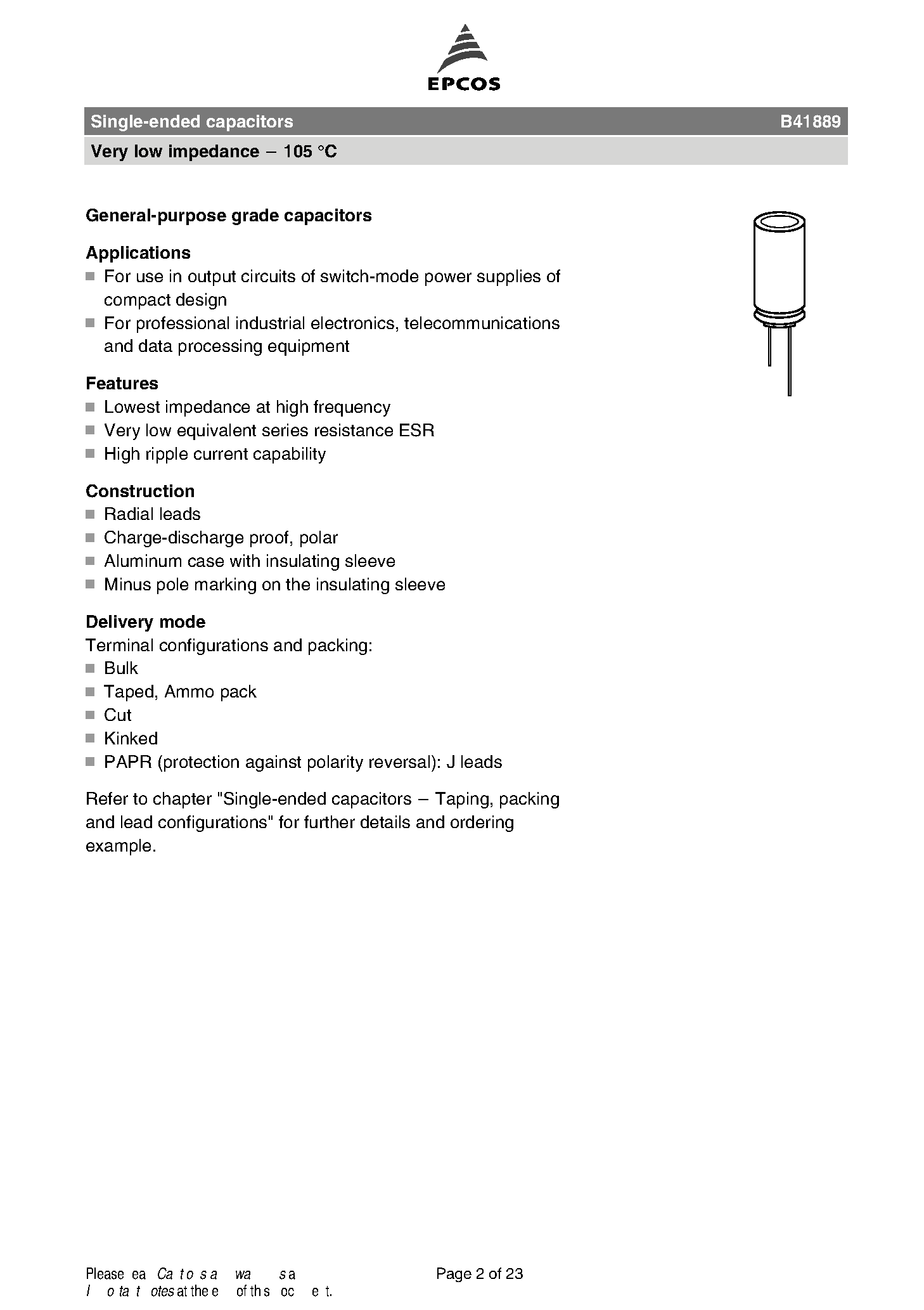Datasheet B41889 - General-purpose grade capacitors page 2