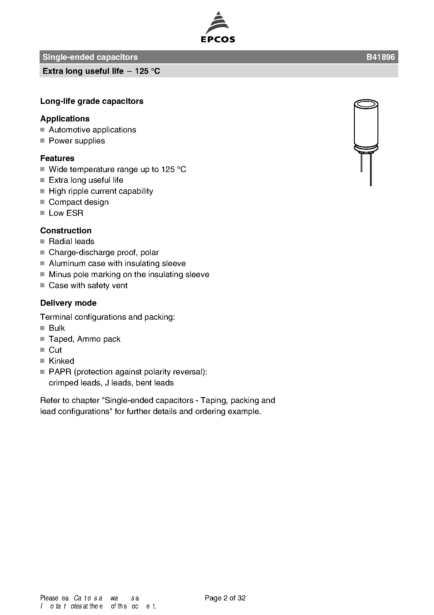 Datasheet B41896 - Long-life grade capacitors page 2