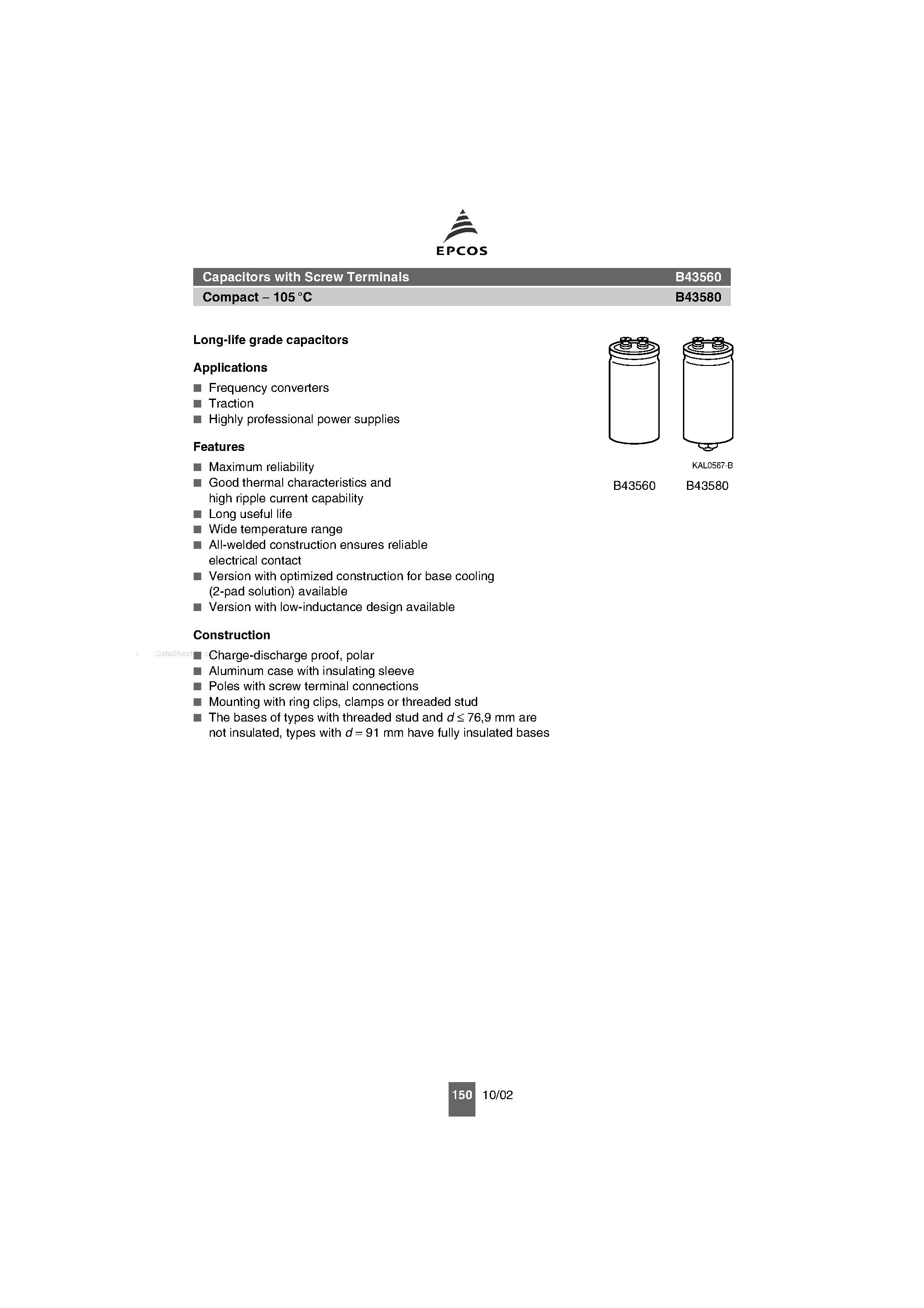 Datasheet B43560 - (B43560 / B43580) Capacitors page 1
