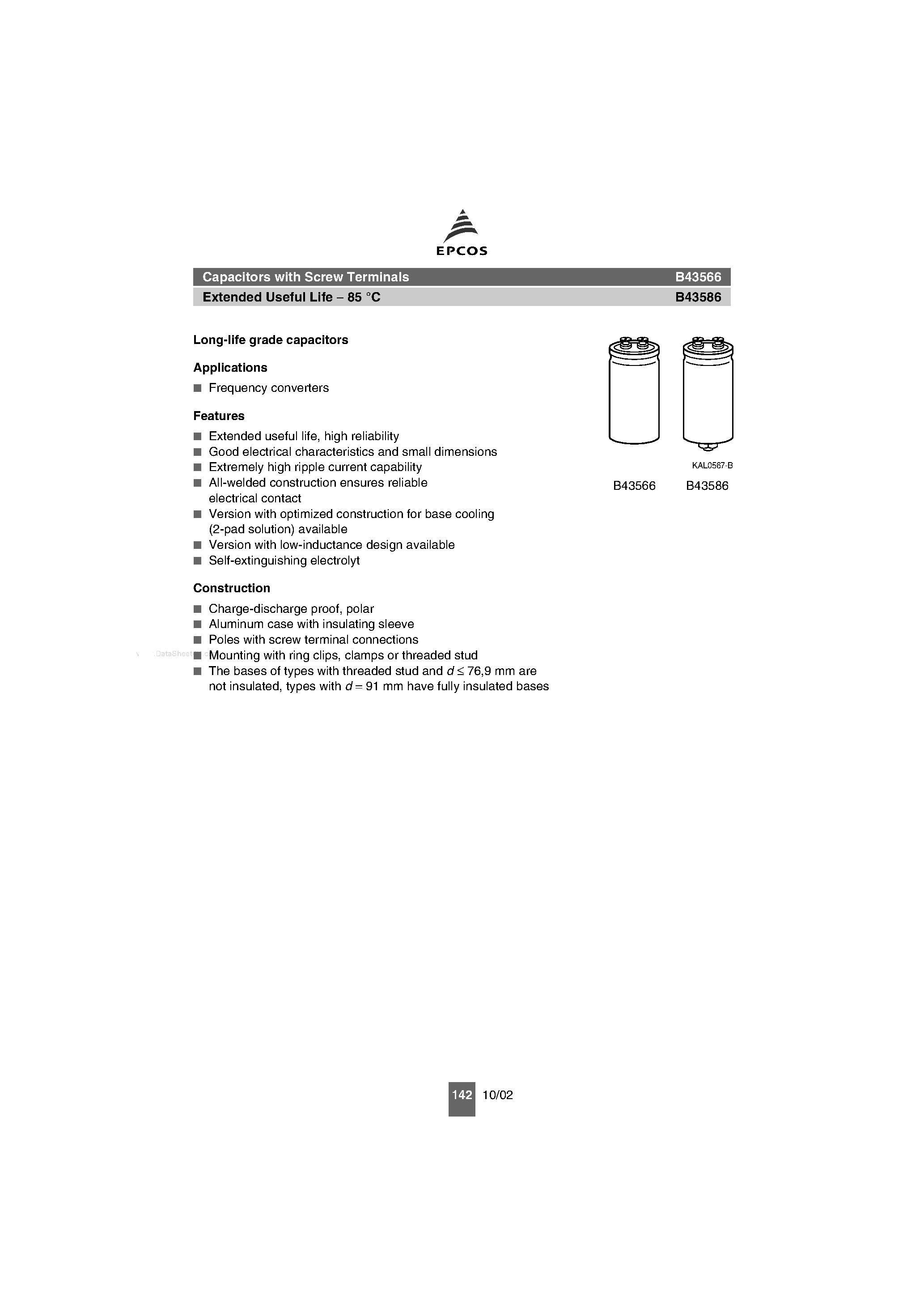 Datasheet B43566 - (B43566 / B43586) Long-life grade capacitors page 1