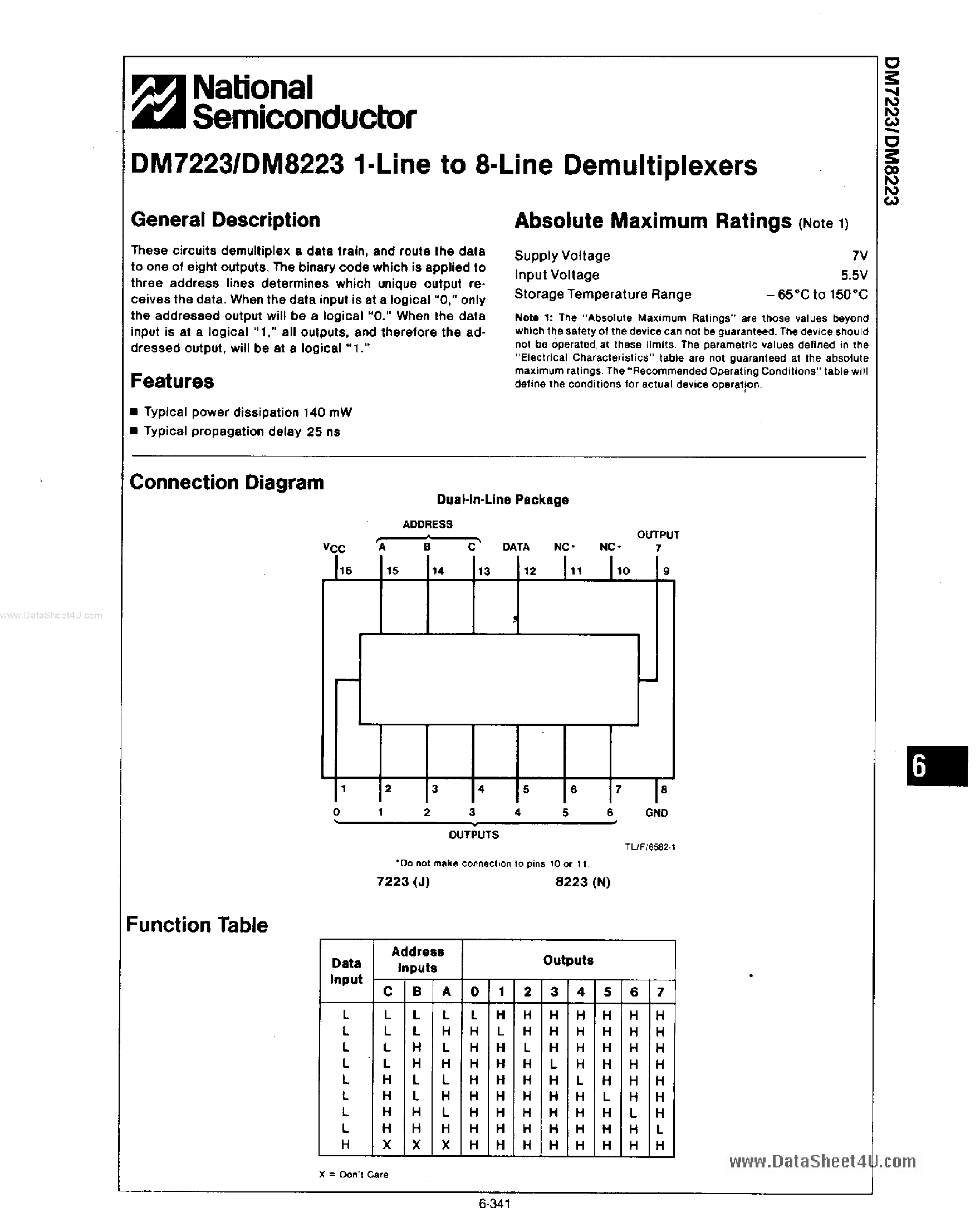 Даташит DM7223 - 1-Line to 8-Line Demultiplexers страница 1