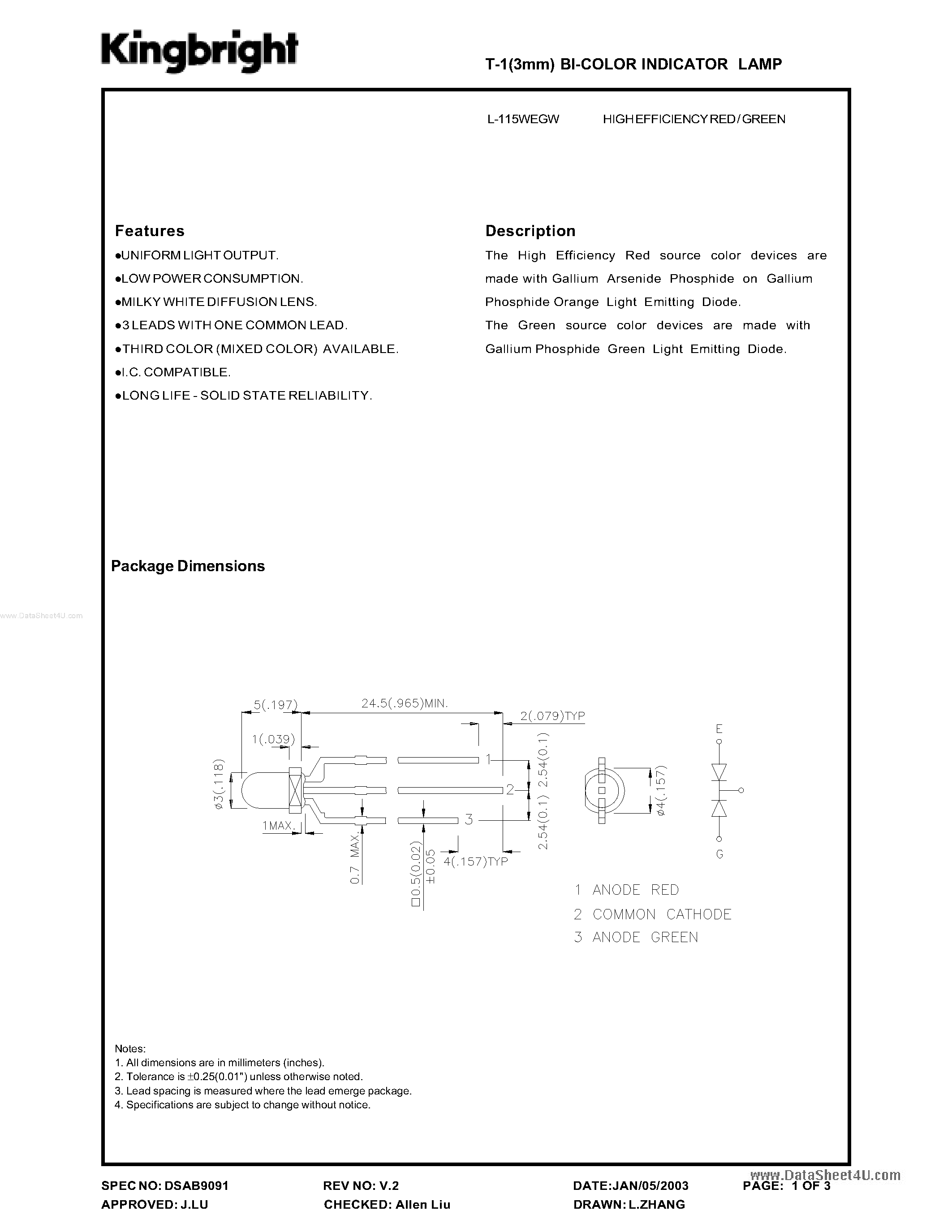 Datasheet L-115WEGW - BI-COLOR INDICATOR LAMP page 1
