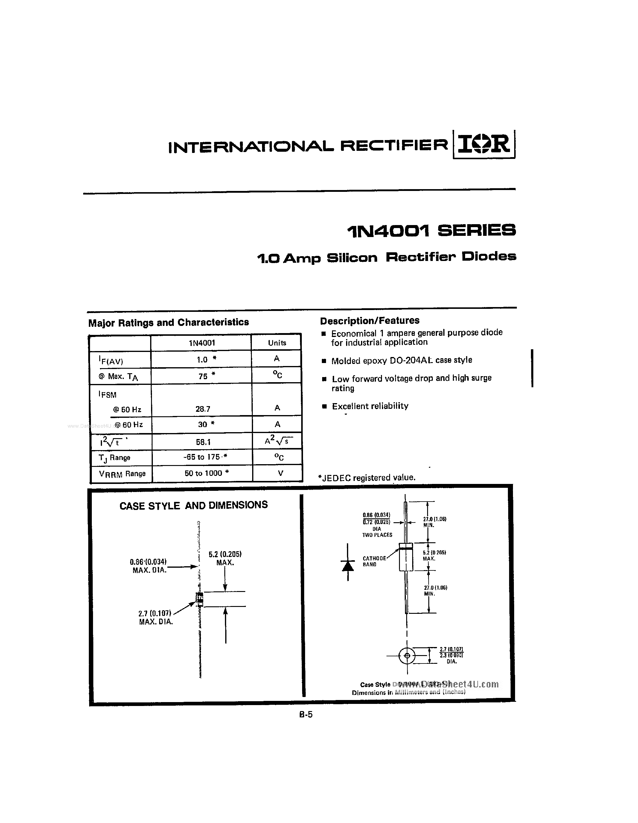 Datasheet 1N4001 page 1 Datasheet 1N4001 - (1N4001 Series) 1A AMp Silicon Rectifier Diodes page 1