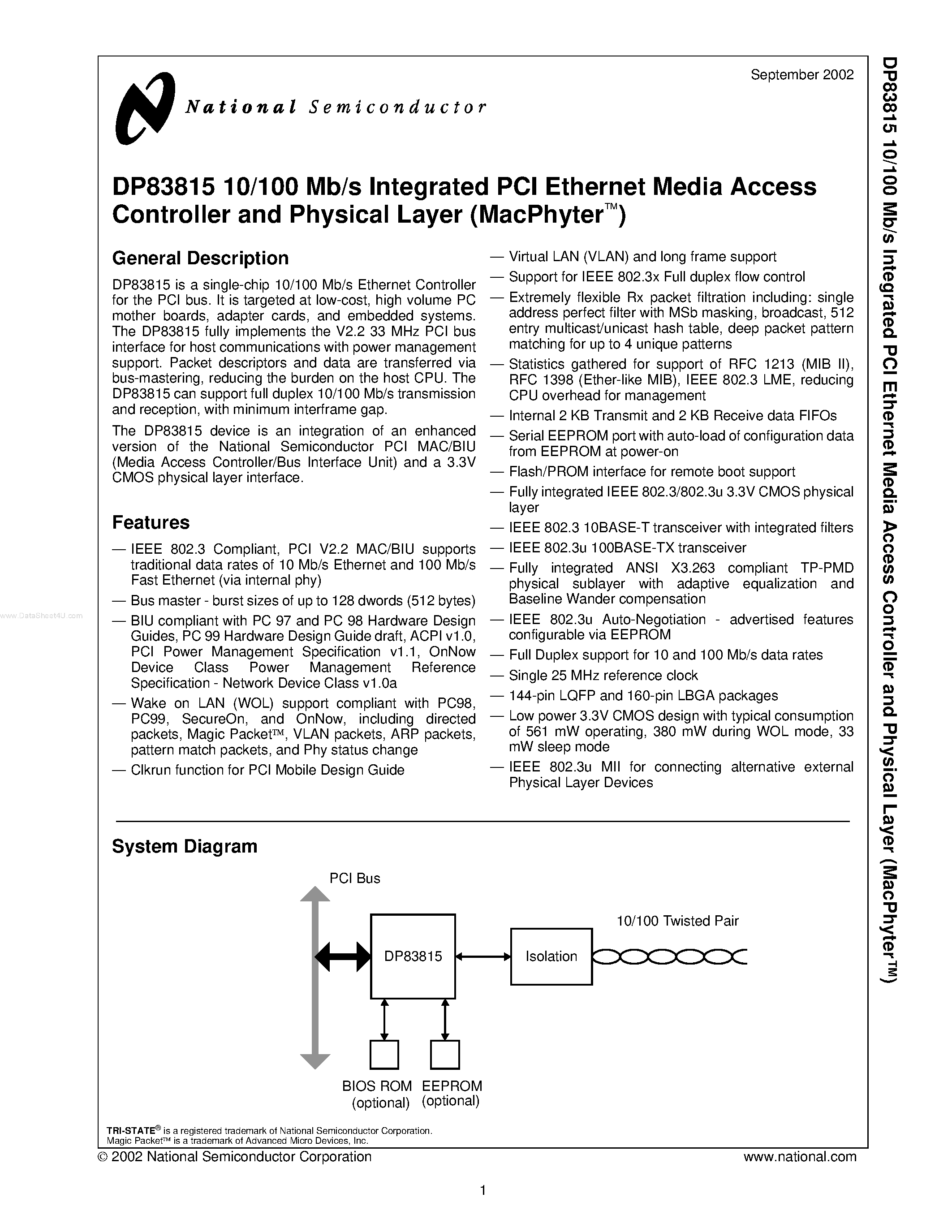 Datasheet DP83815 - 10/100 Mb/s Integrated PCI Ethernet Media Access Controller and Physical Layer page 1