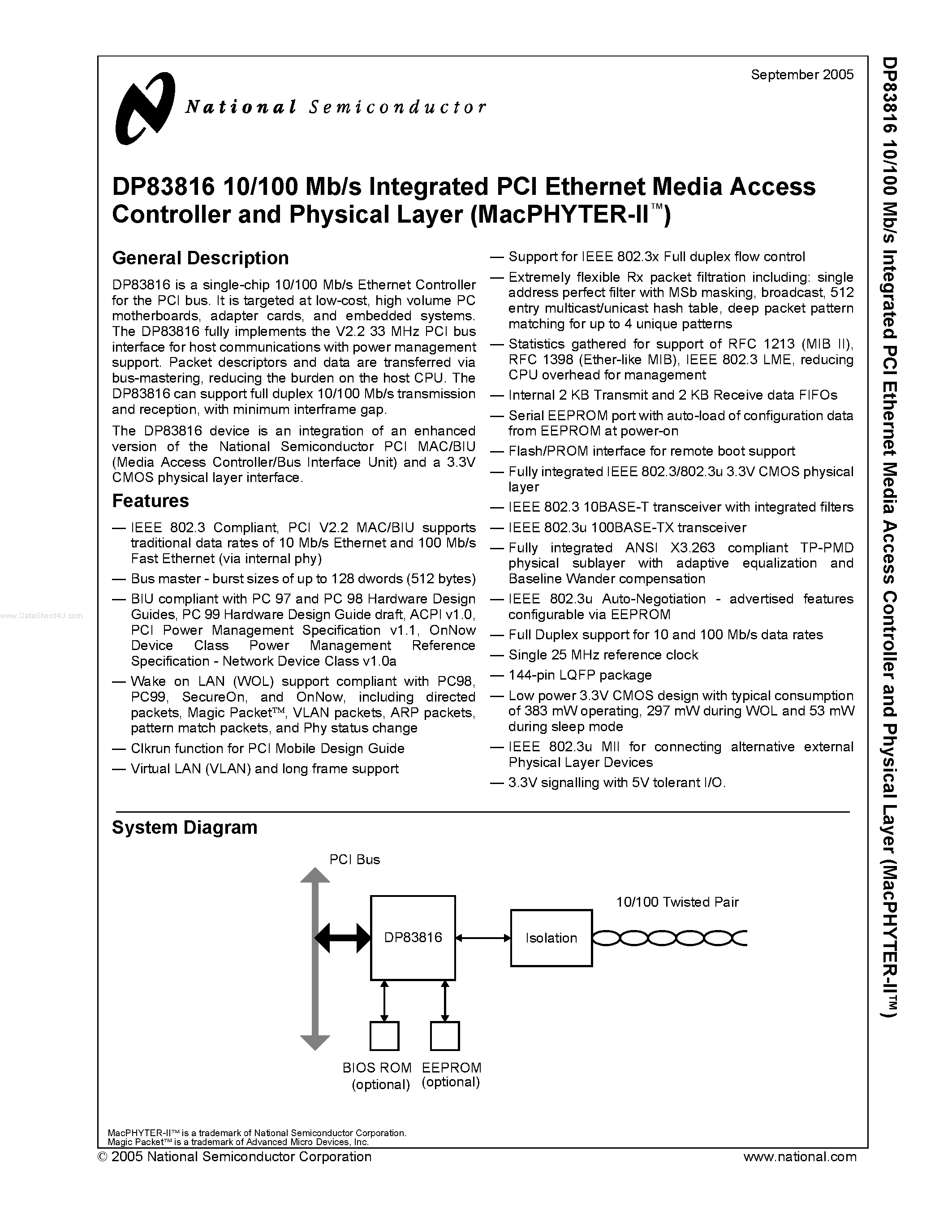 Datasheet DP83816 - 10/100 Mb/s Integrated PCI Ethernet Media Access Controller and Physical Layer page 1