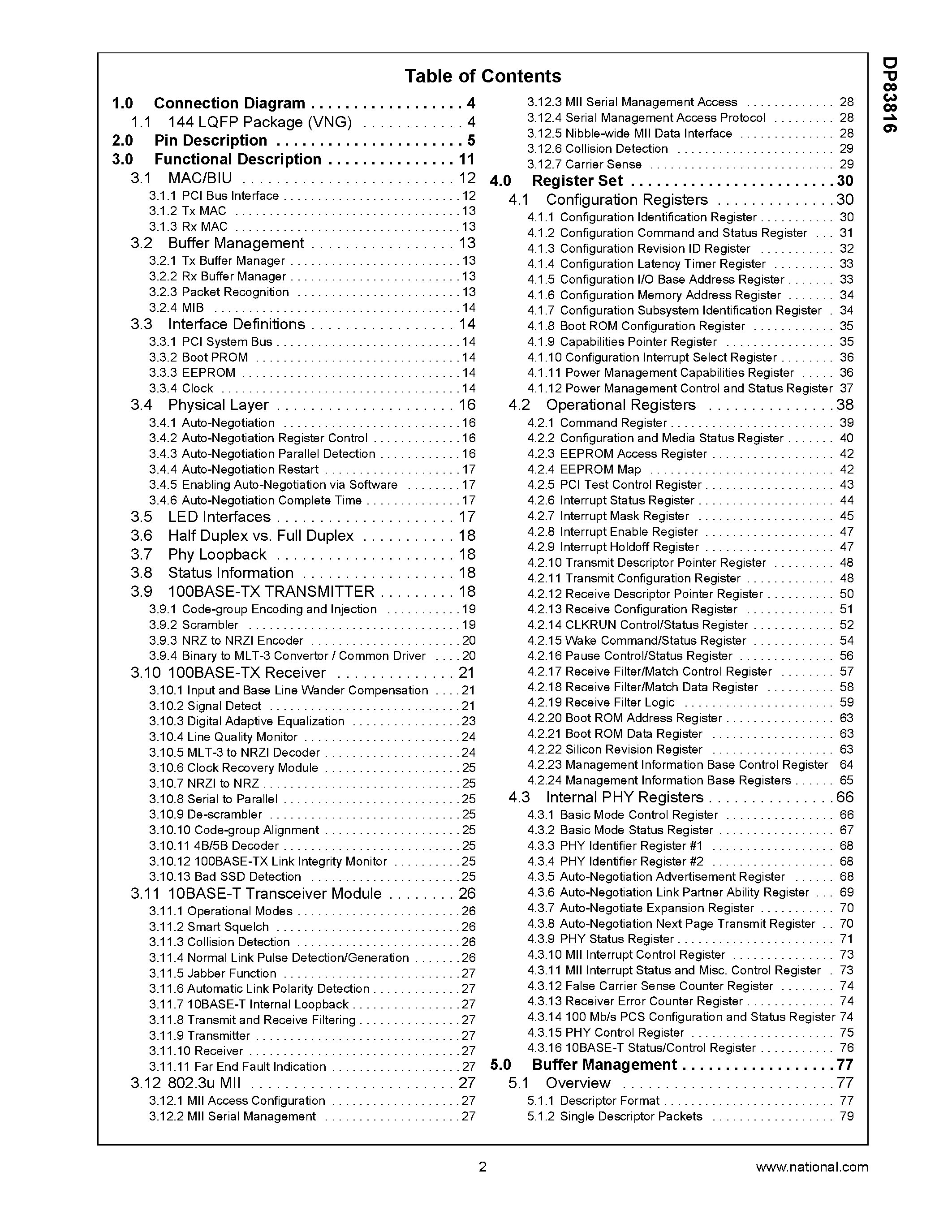 Datasheet DP83816 - 10/100 Mb/s Integrated PCI Ethernet Media Access Controller and Physical Layer page 2