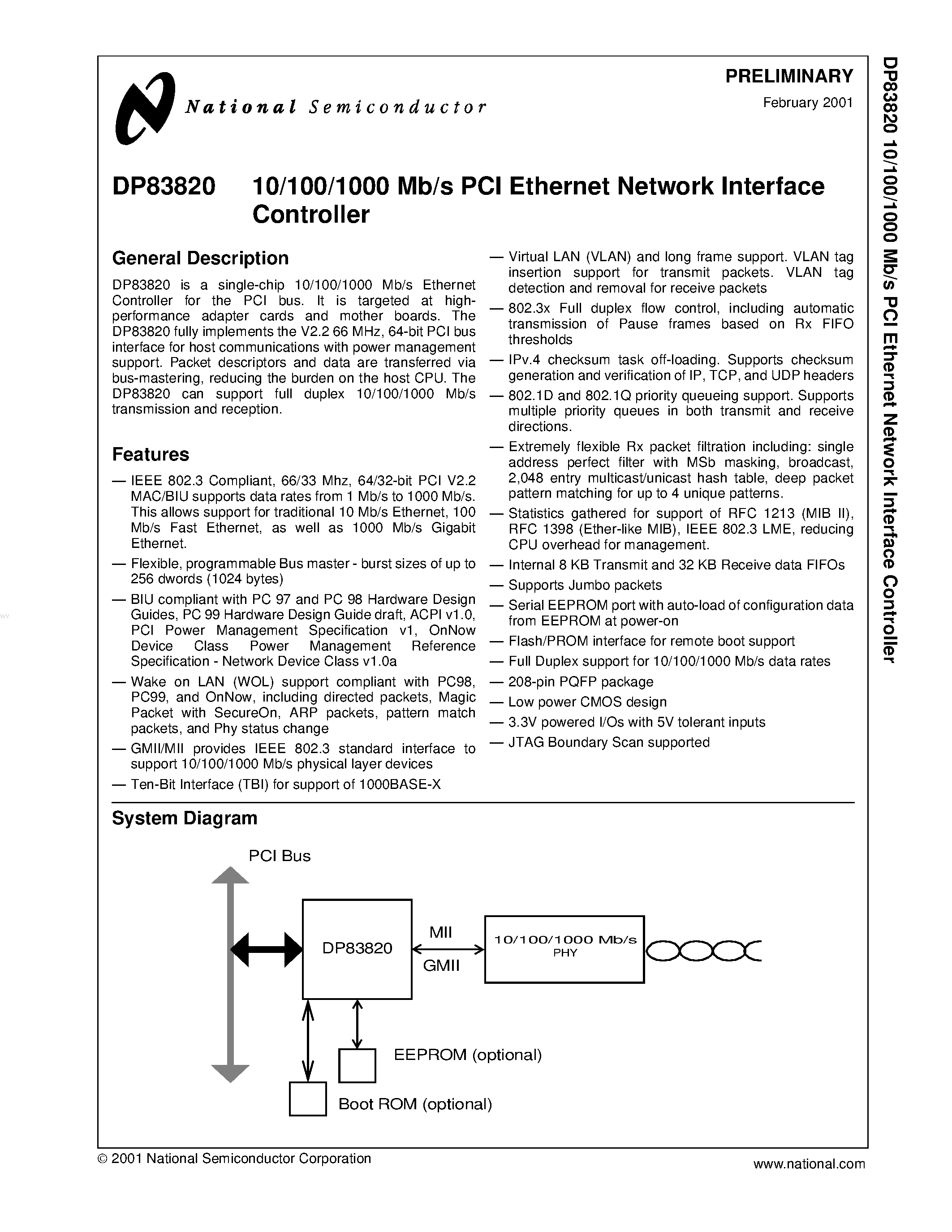 Datasheet DP83820 page 1 Datasheet DP83820 - 10/100/1000 Mb/s PCI Ethernet Network Interface Controller page 1