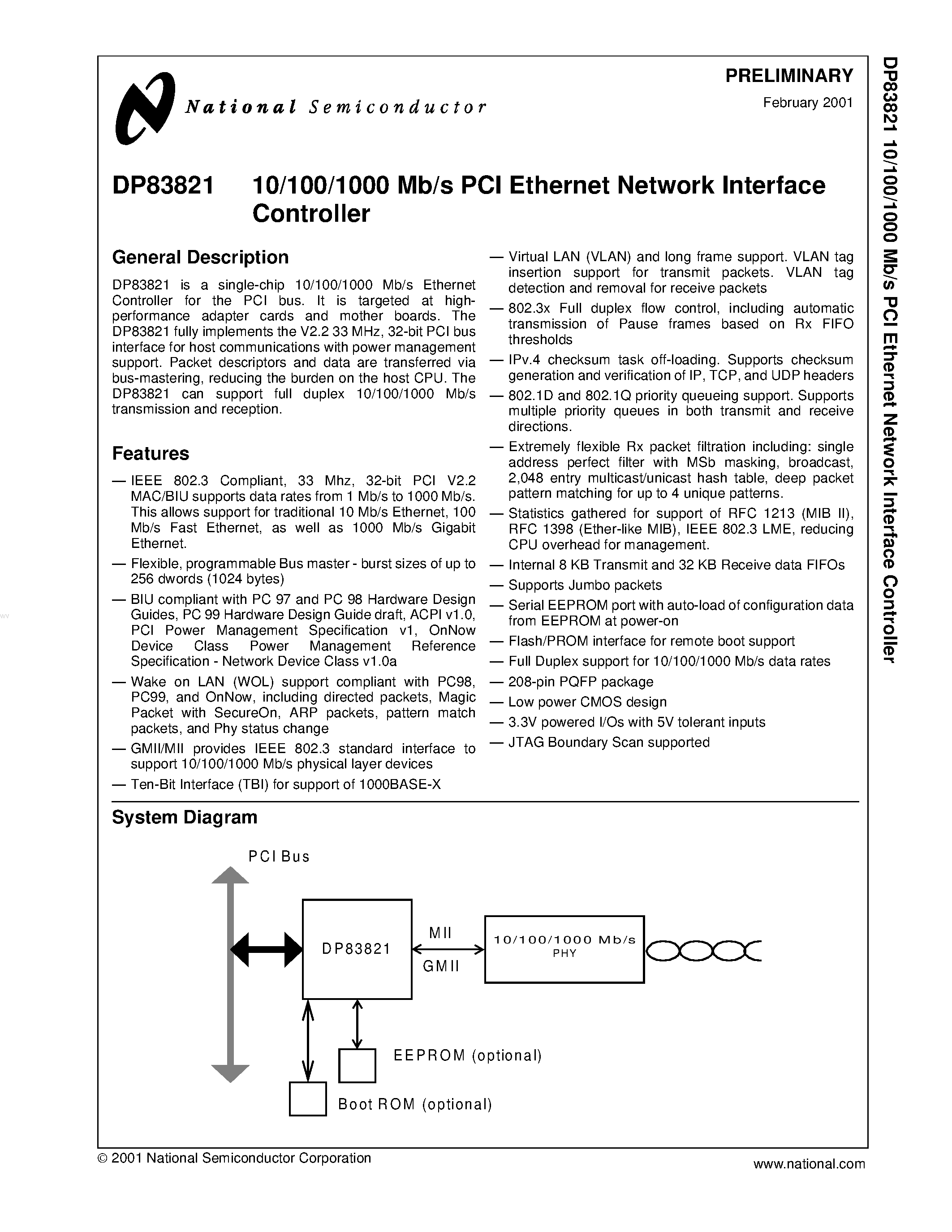 Datasheet DP83821 - 10/100/1000 Mb/s PCI Ethernet Network Interface Controller page 1