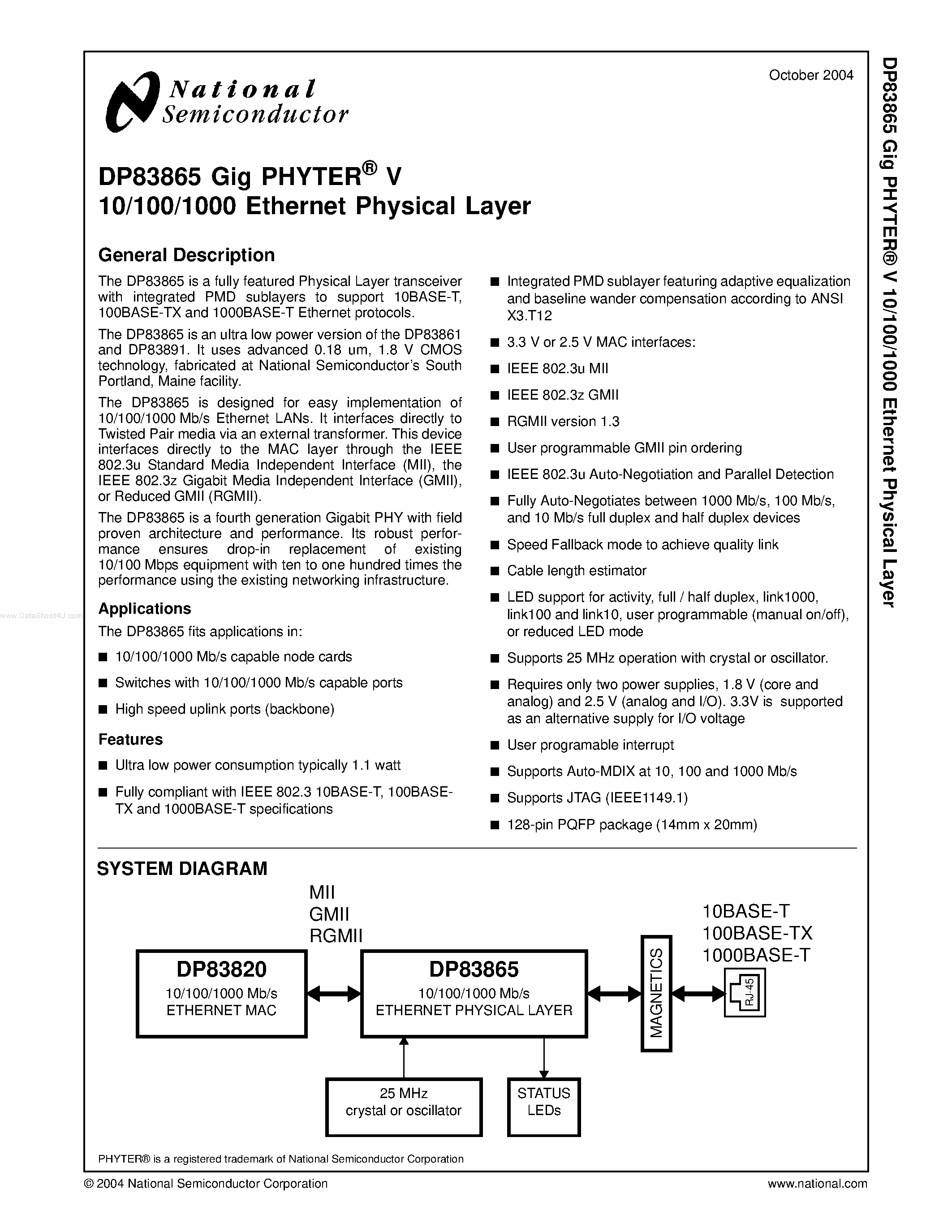 Datasheet DP83865 - Gig PHYTER V 10/100/1000 Ethernet Physical Layer page 1