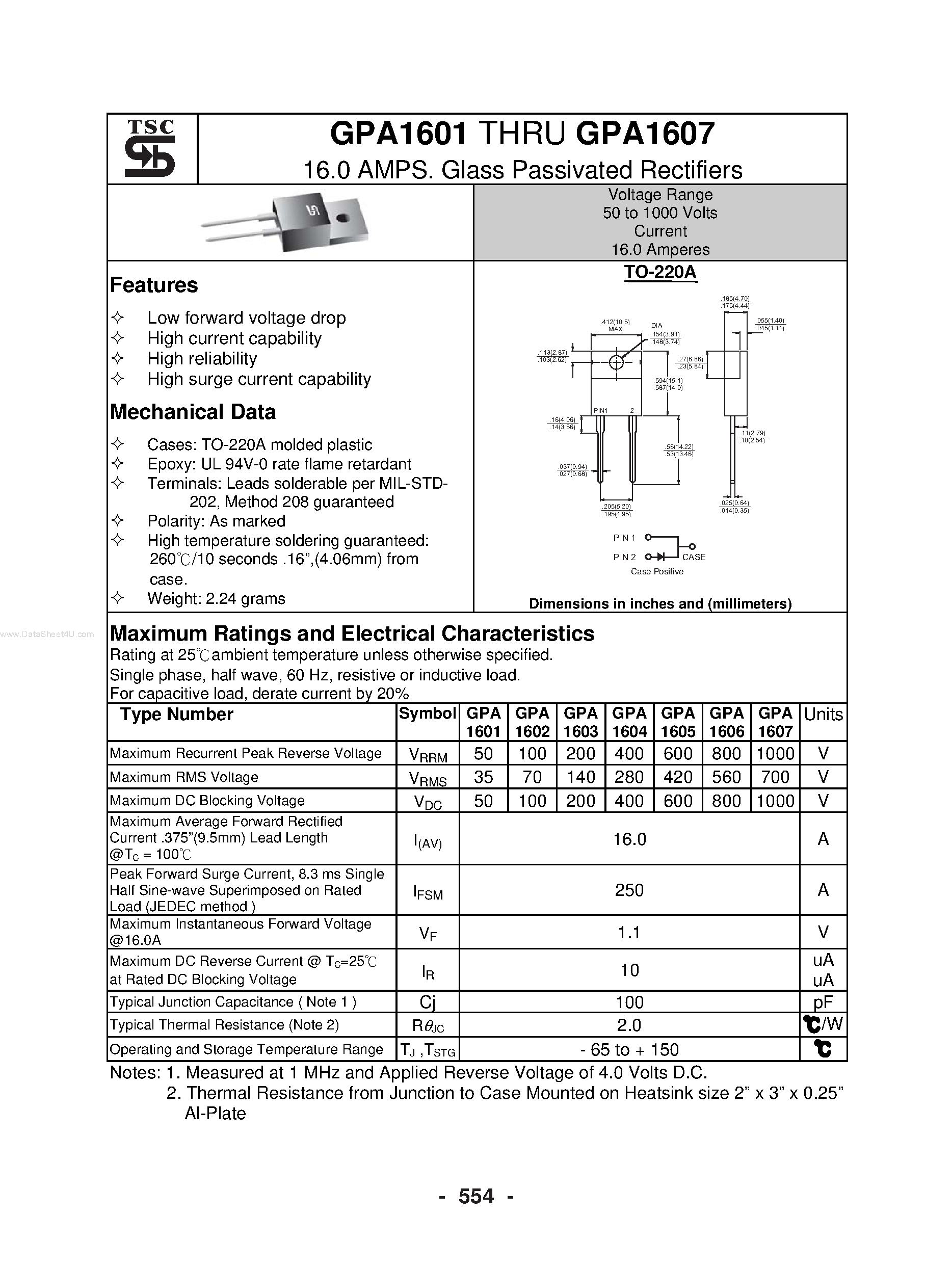 Datasheet GPA1601 page 1 Datasheet GPA1601 - (GPA1601 - GPA1607) Glass Passivated Rectifiers page 1