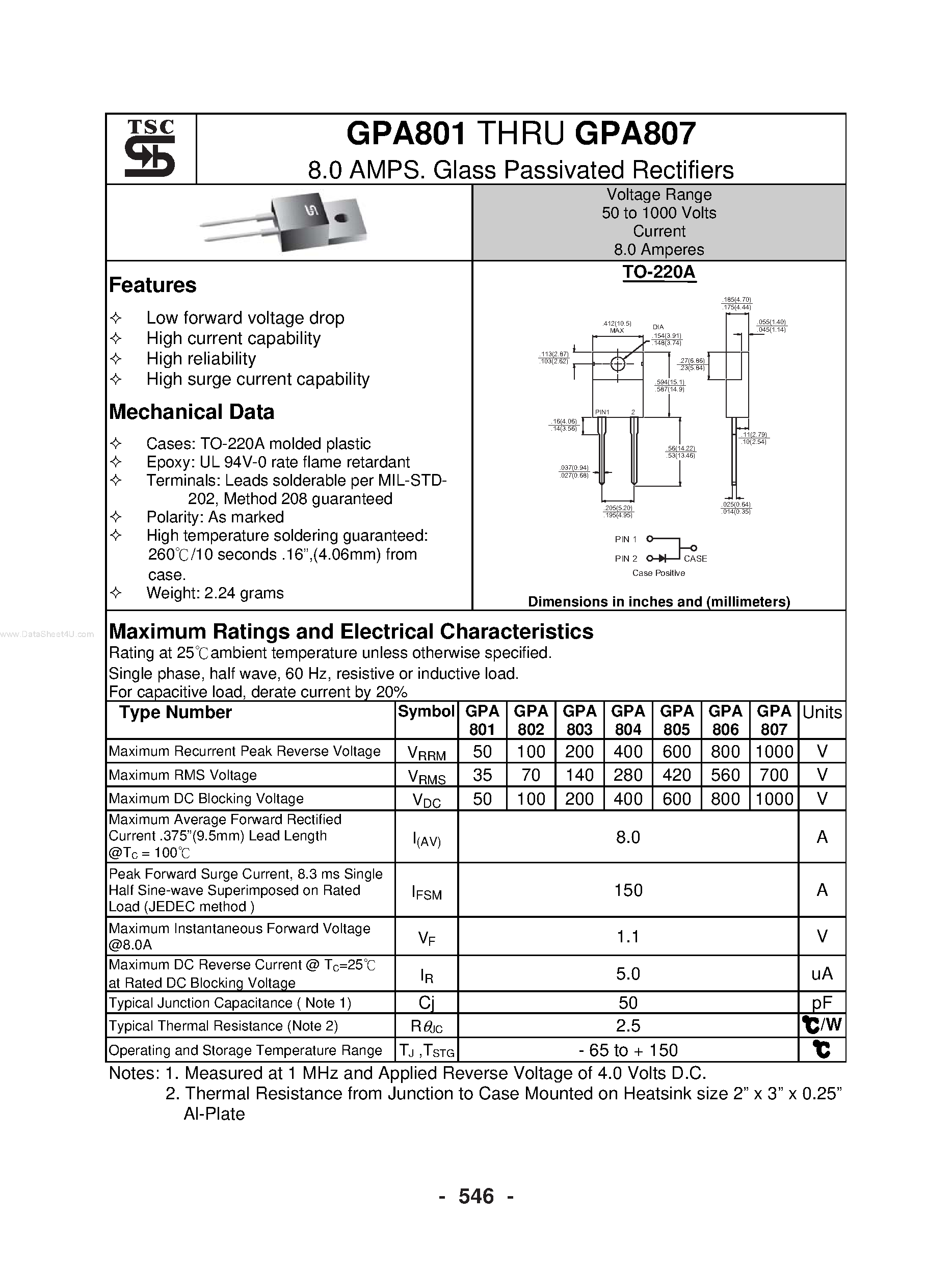 Datasheet GPA801 page 1 Datasheet GPA801 - (GPA801 - GPA807) Glass Passivated Rectifiers page 1