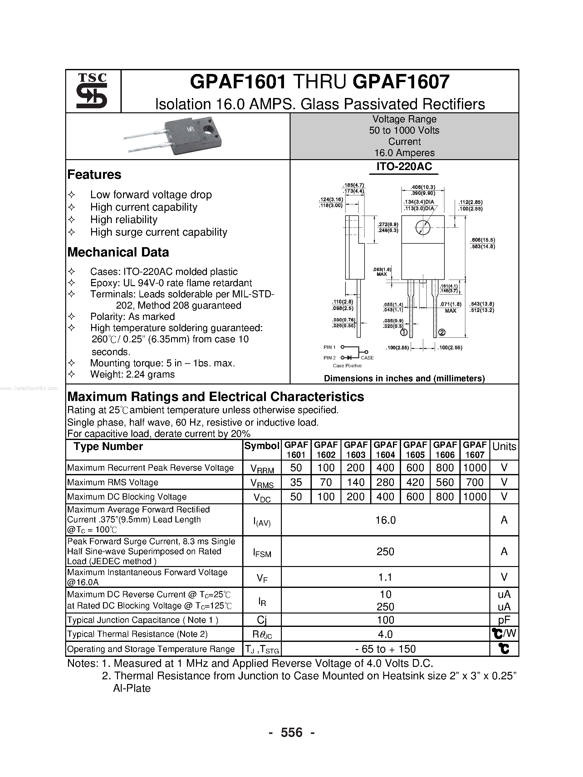 Datasheet GPAF1601 page 1 Datasheet GPAF1601 - (GPAF1601 - GPAF1607) Glass Passivated Rectifiers page 1