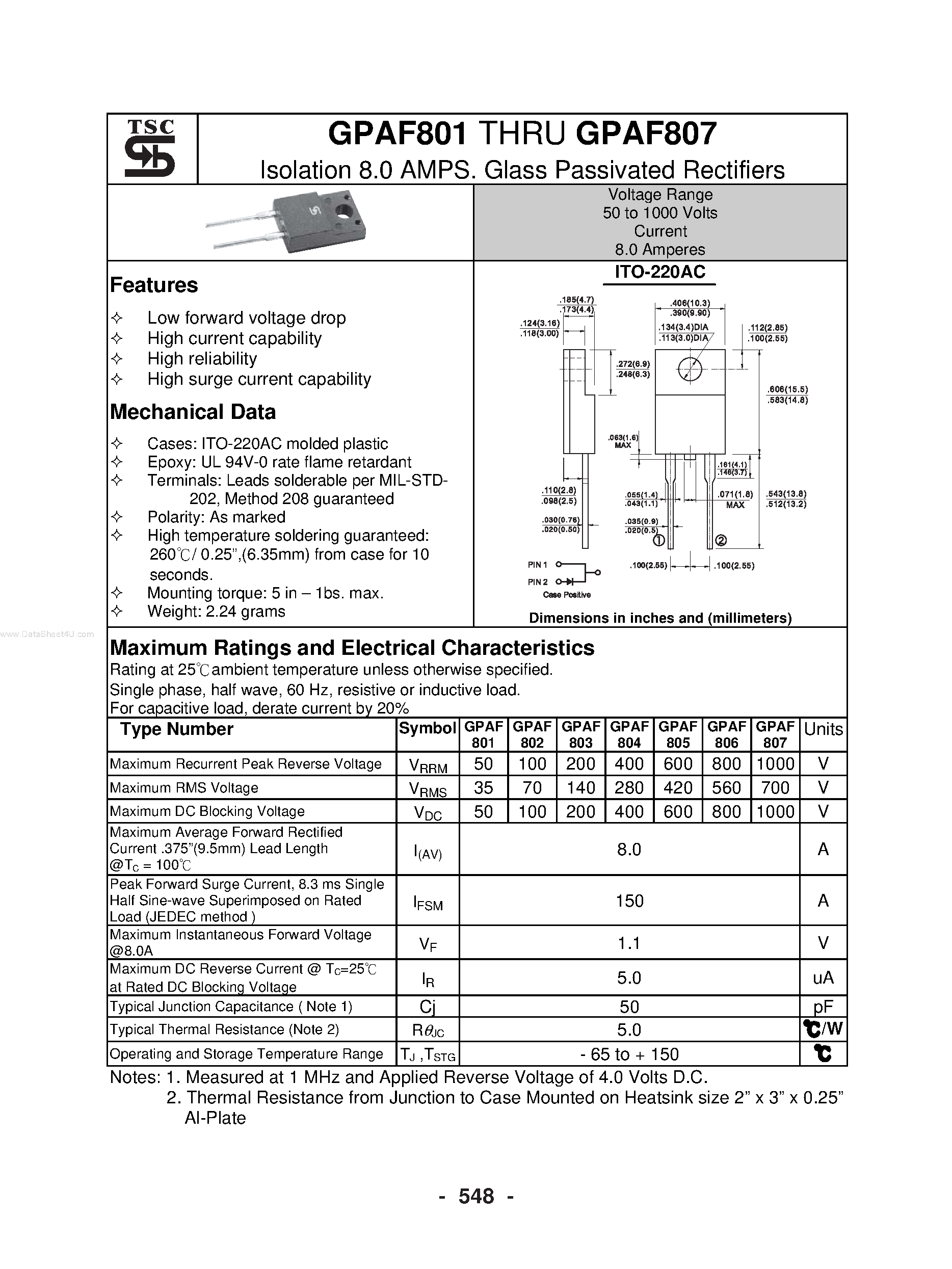 Datasheet GPAF801 page 1 Datasheet GPAF801 - (GPAF801 - GPAF807) Glass Passivated Rectifiers page 1