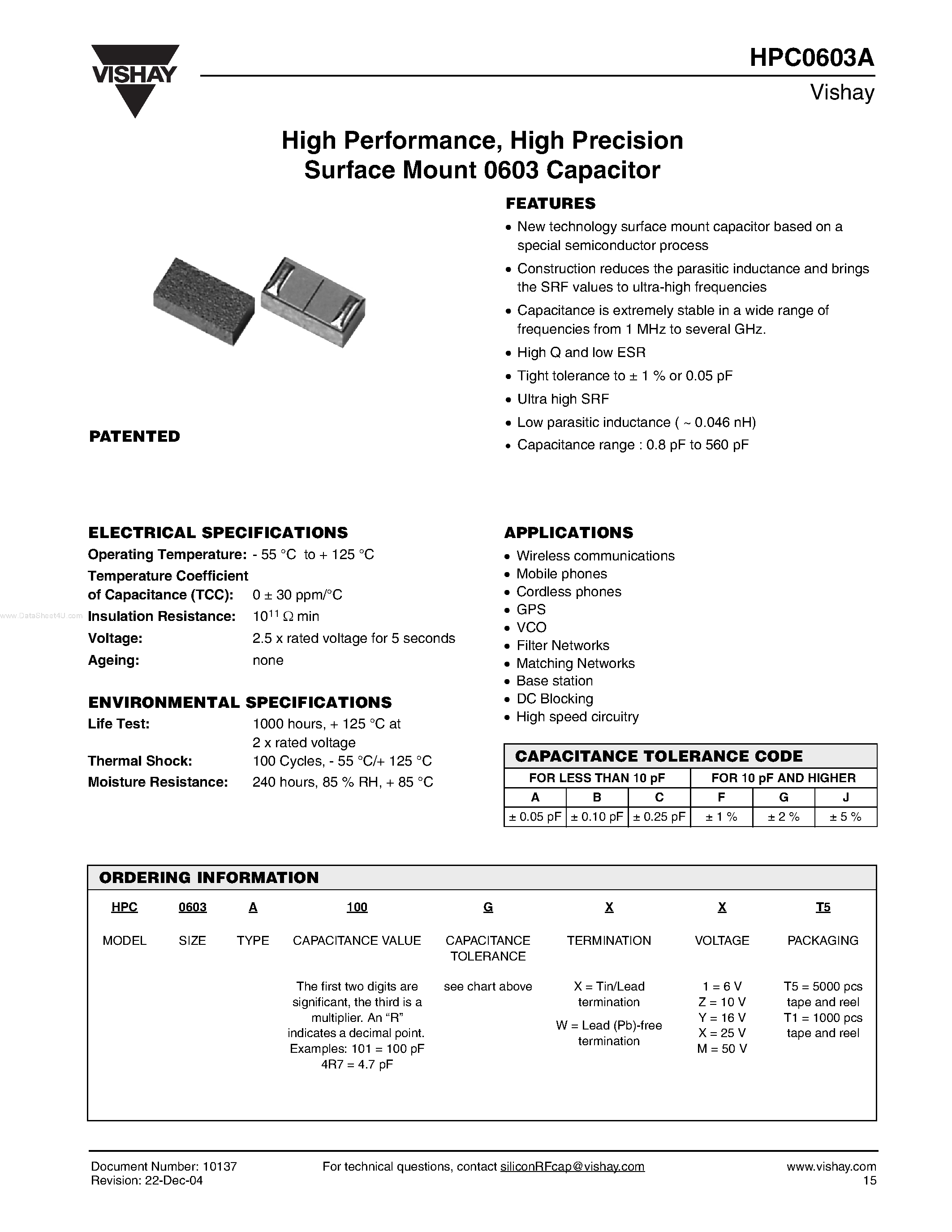 Datasheet HPC0603A - High Precision Surface Mount 0603 Capacitor page 1