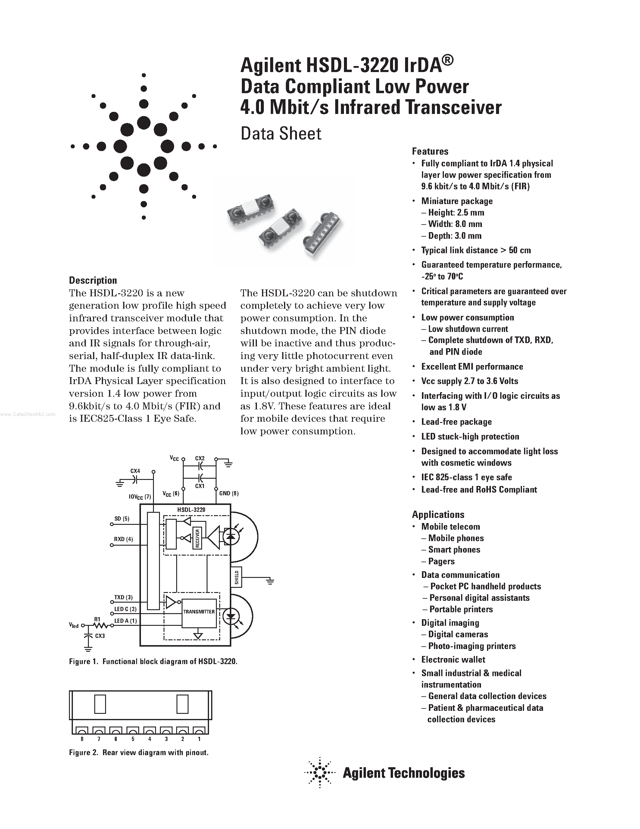 Datasheet HSDL-3220 - Data Compliant Low Power 4.0 Mbit/s Infrared Transceiver page 1