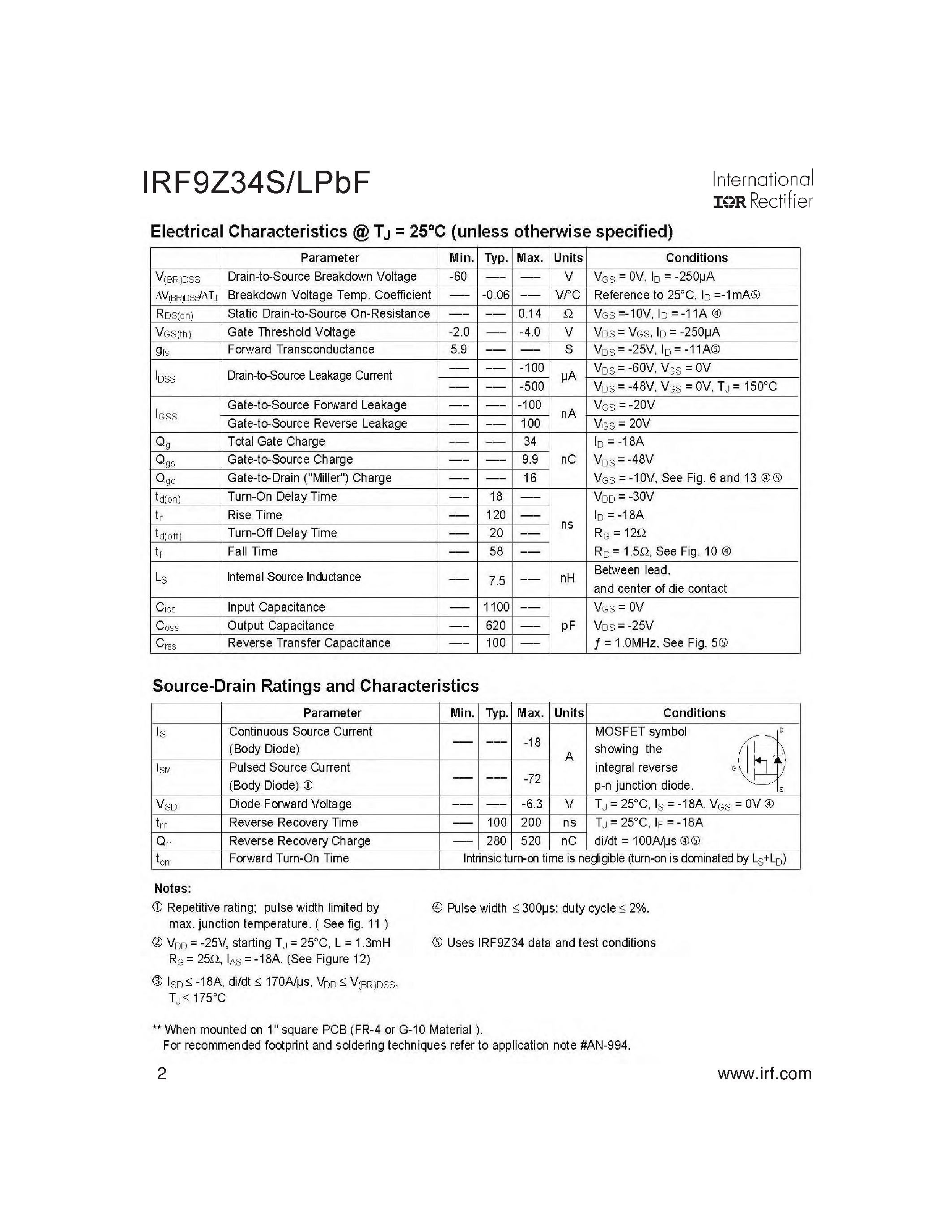Datasheet IRF9Z34LPBF - Surface Mount page 2
