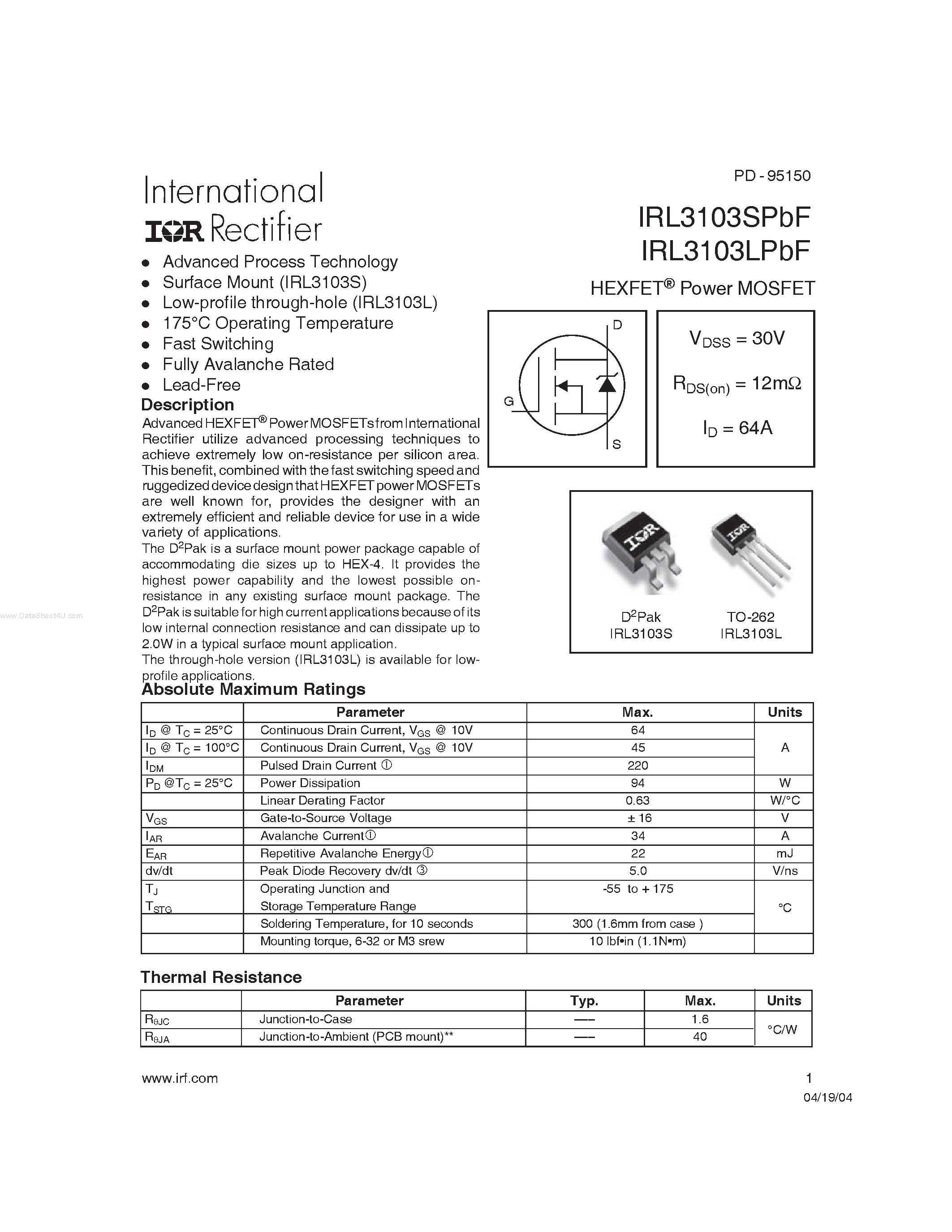 Datasheet IRL3103LPBF - Power MOSFET page 1