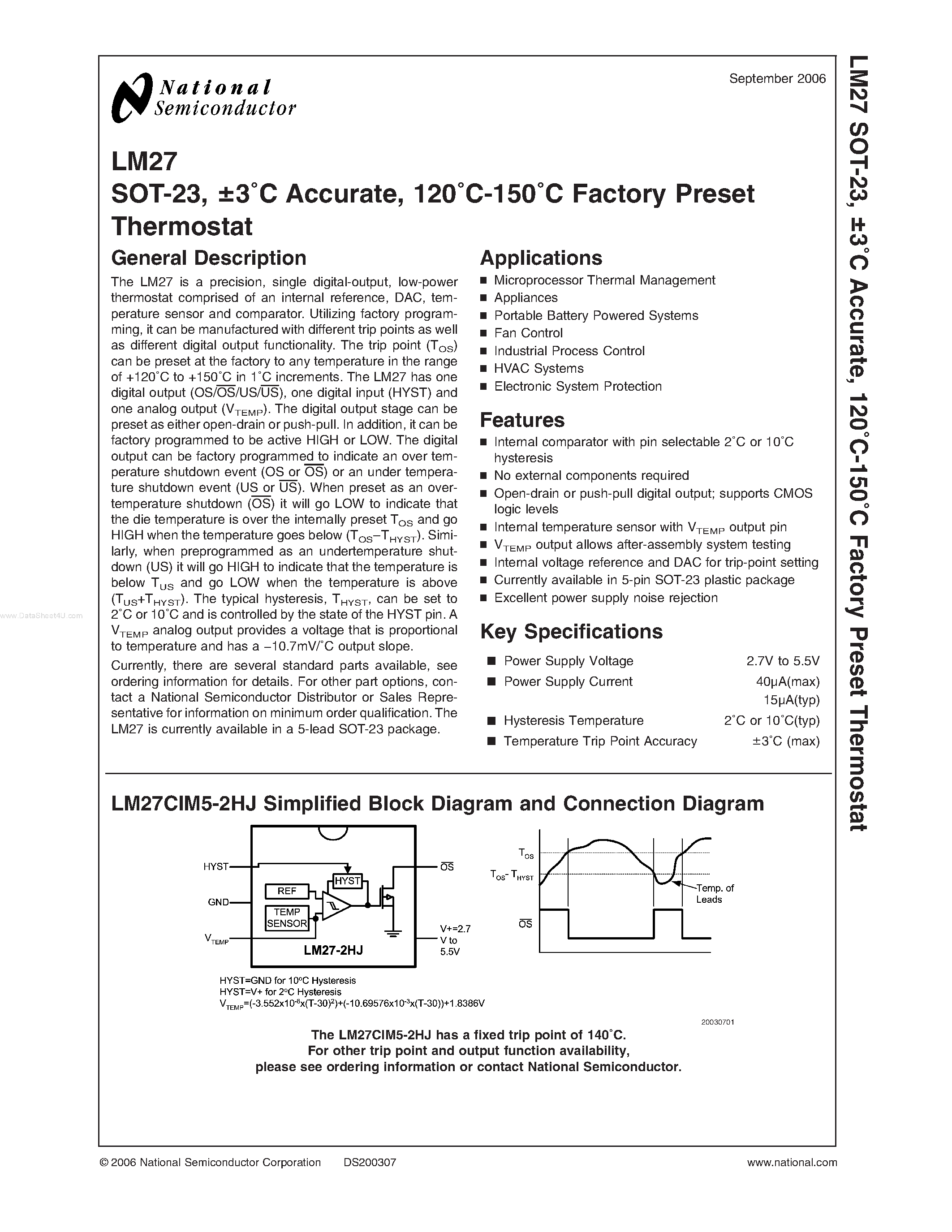 Datasheet LM27 - Factory Preset Thermostat page 1