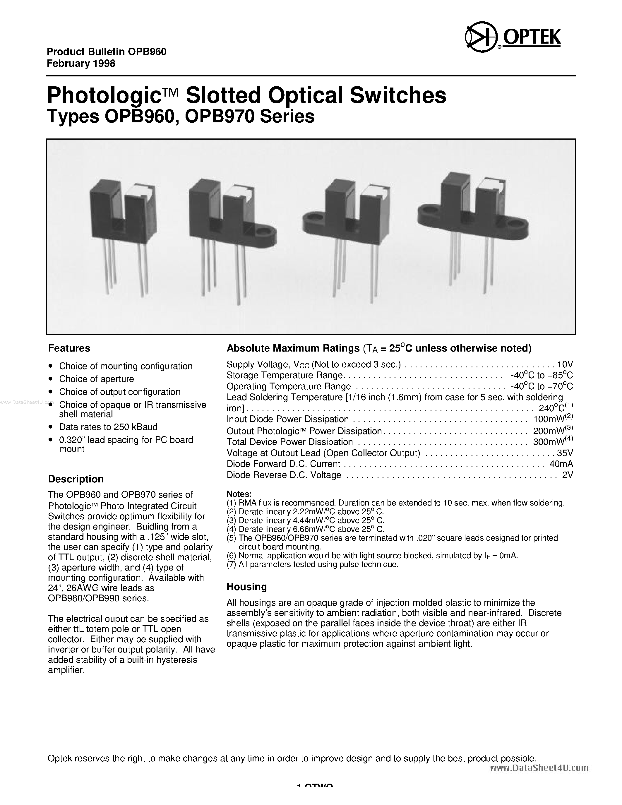 Даташит на микросхему OPB961N51 страница 1 Даташит OPB961N51 - Slotted Switch Interuptive Switch Open Collector 890mn страница 1