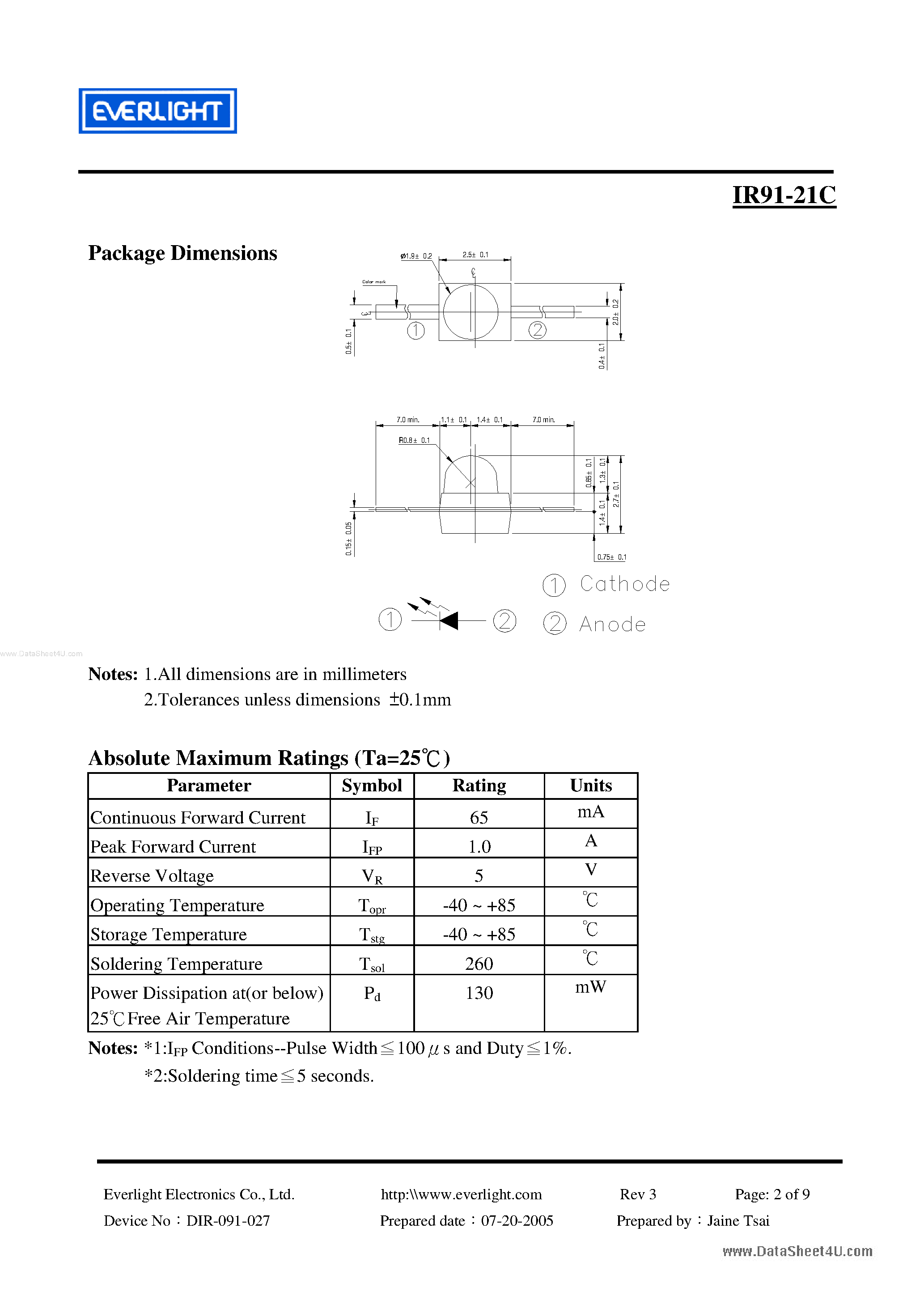 Даташит на микросхему IR91-21C страница 2 Даташит IR91-21C - 1.9mm Round Subminiature Axial Infrared LED страница 2