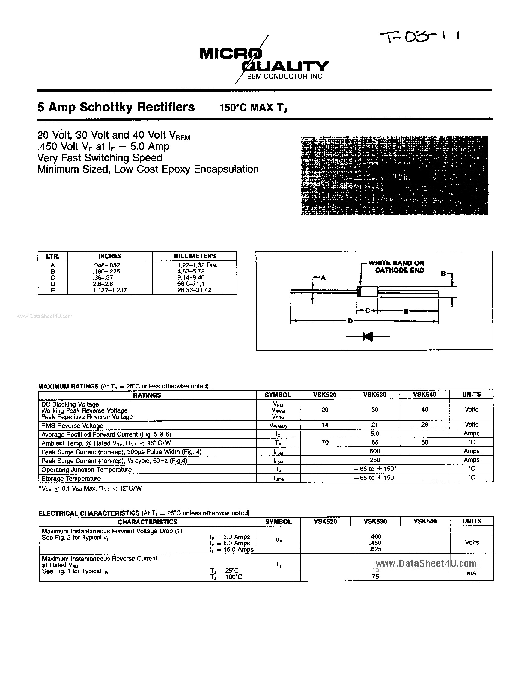 Datasheet VSK520 page 1 Datasheet VSK520 - (VSK520 - VSK540) 5A Schottky Rectifiers page 1