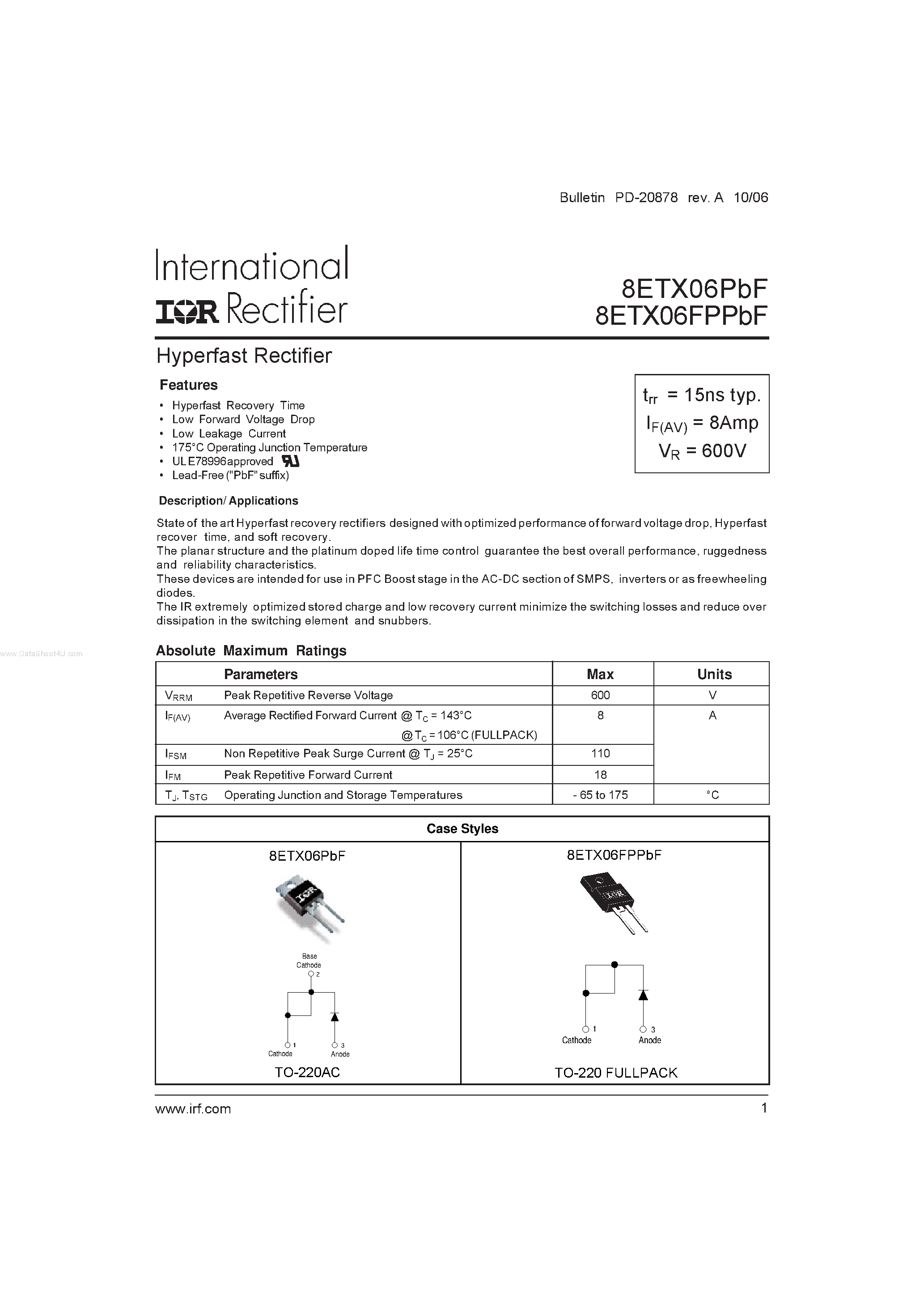 Datasheet 8ETX06FPPBF - Hyperfast Rectifier page 1