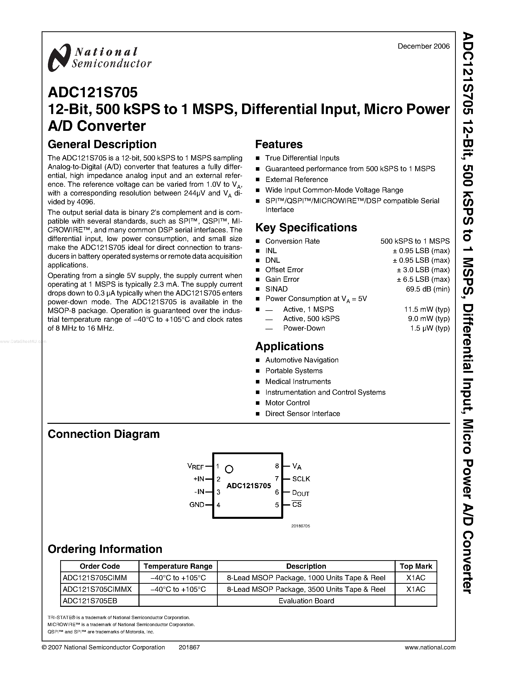 Datasheet ADC121S705 - Micro Power A/D Converter page 1