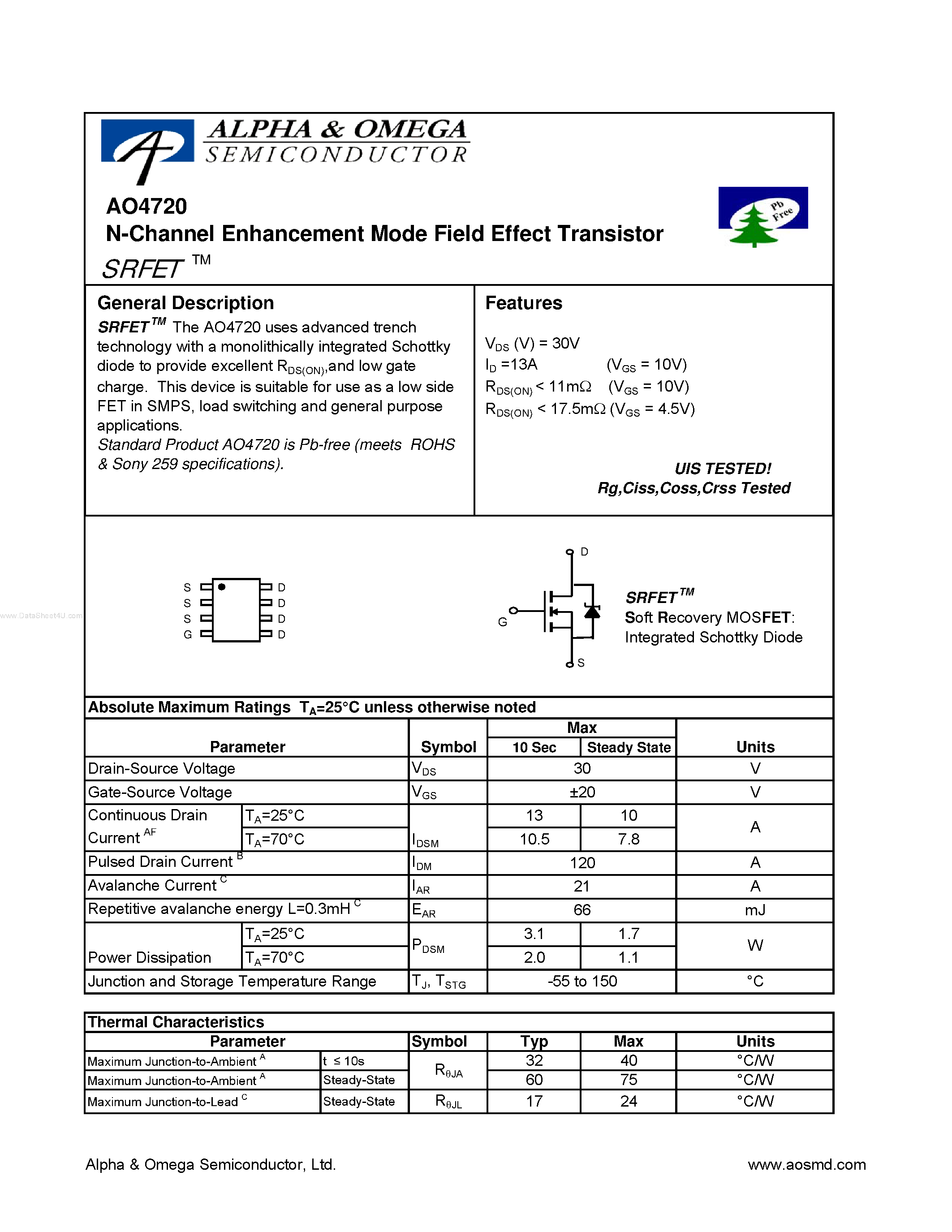 Datasheet AO4720 - N-Channel Enhancement Mode Field Effect Transistor page 1
