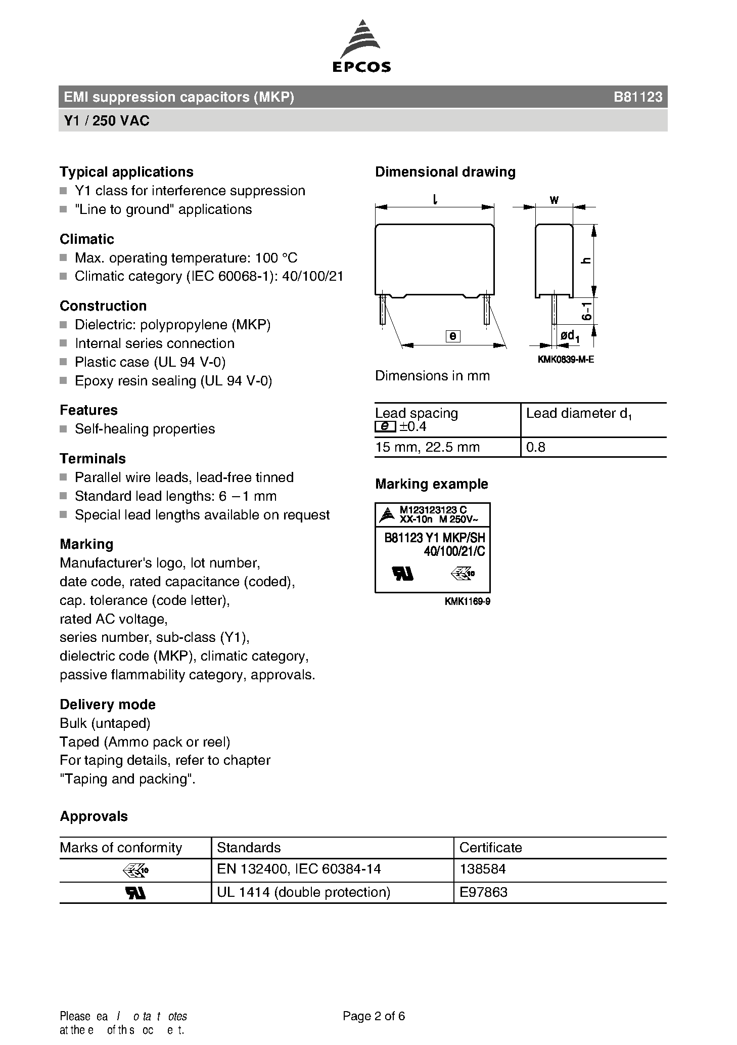 Datasheet B81123 - EMI suppression capacitors page 2