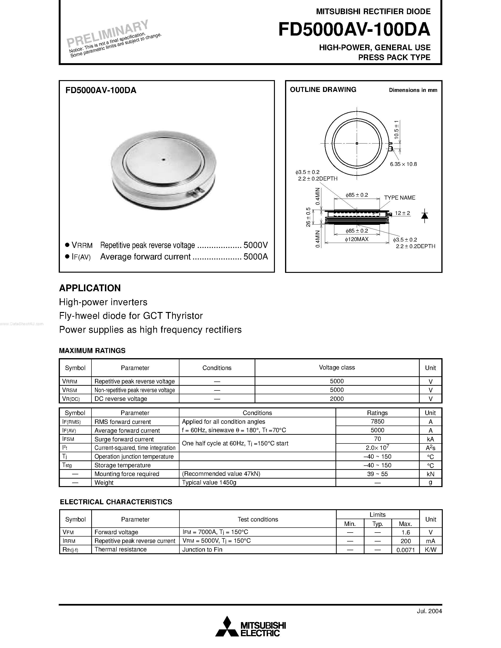 Datasheet FD5000AV-100DA - RECTIFIER DIODE page 1
