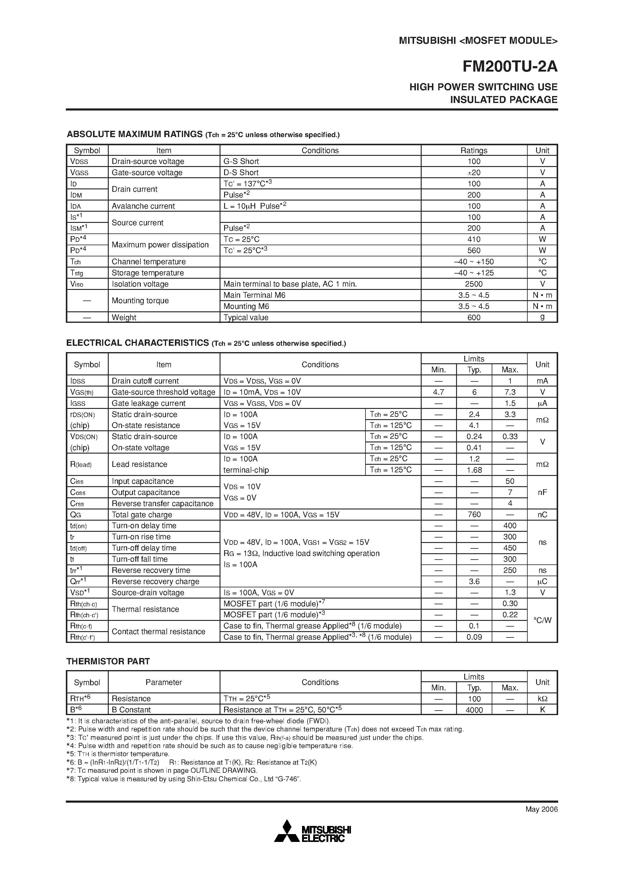 Даташит на микросхему FM200TU-2A страница 2 Даташит FM200TU-2A - HIGH POWER SWITCHING USE INSULATED PACKAGE страница 2