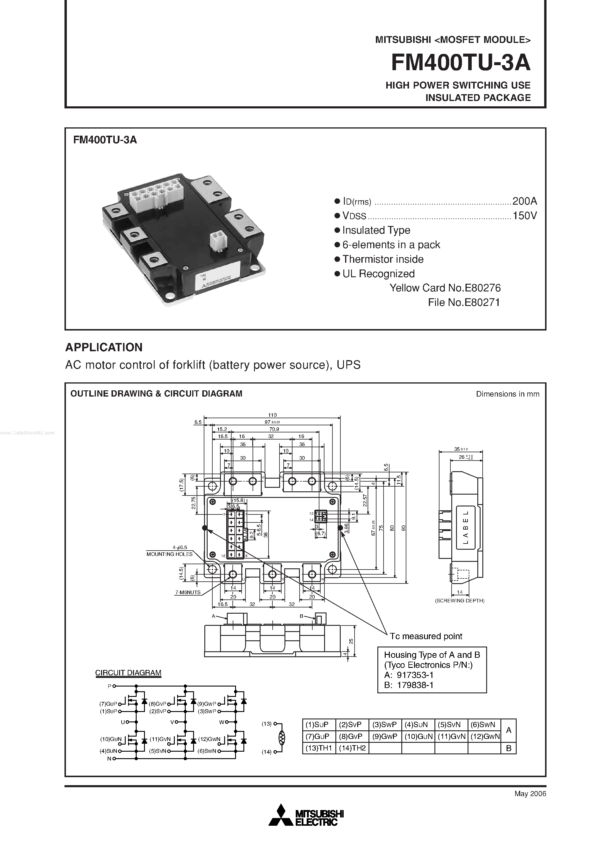 Даташит на микросхему FM400TU-3A страница 1 Даташит FM400TU-3A - HIGH POWER SWITCHING USE INSULATED PACKAGE страница 1